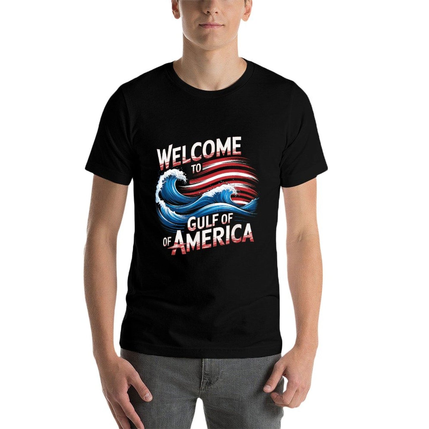 Gulf Of USA America Gift Men Women Flag Beach Ribbed Collar T-Shirt
