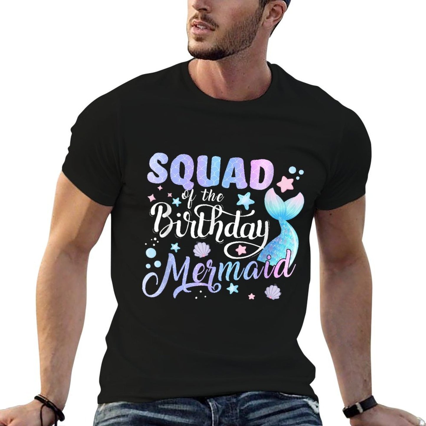 SQUAD Of The Birthday Mermaid Matching Family Party Mother Ribbed Collar T-Shirt