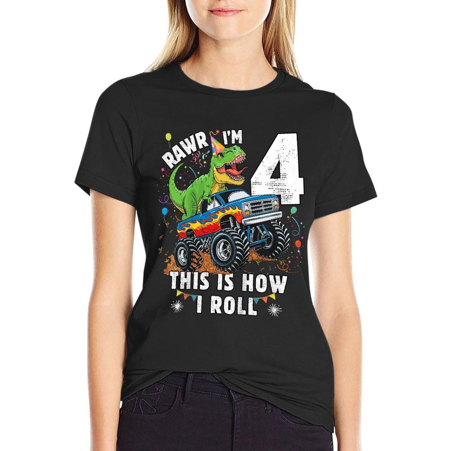 Kids Dinosaur Monster Truck 4th Birthday Boy T Rex 4 Year Old Wrinkle-resistant T-Shirt