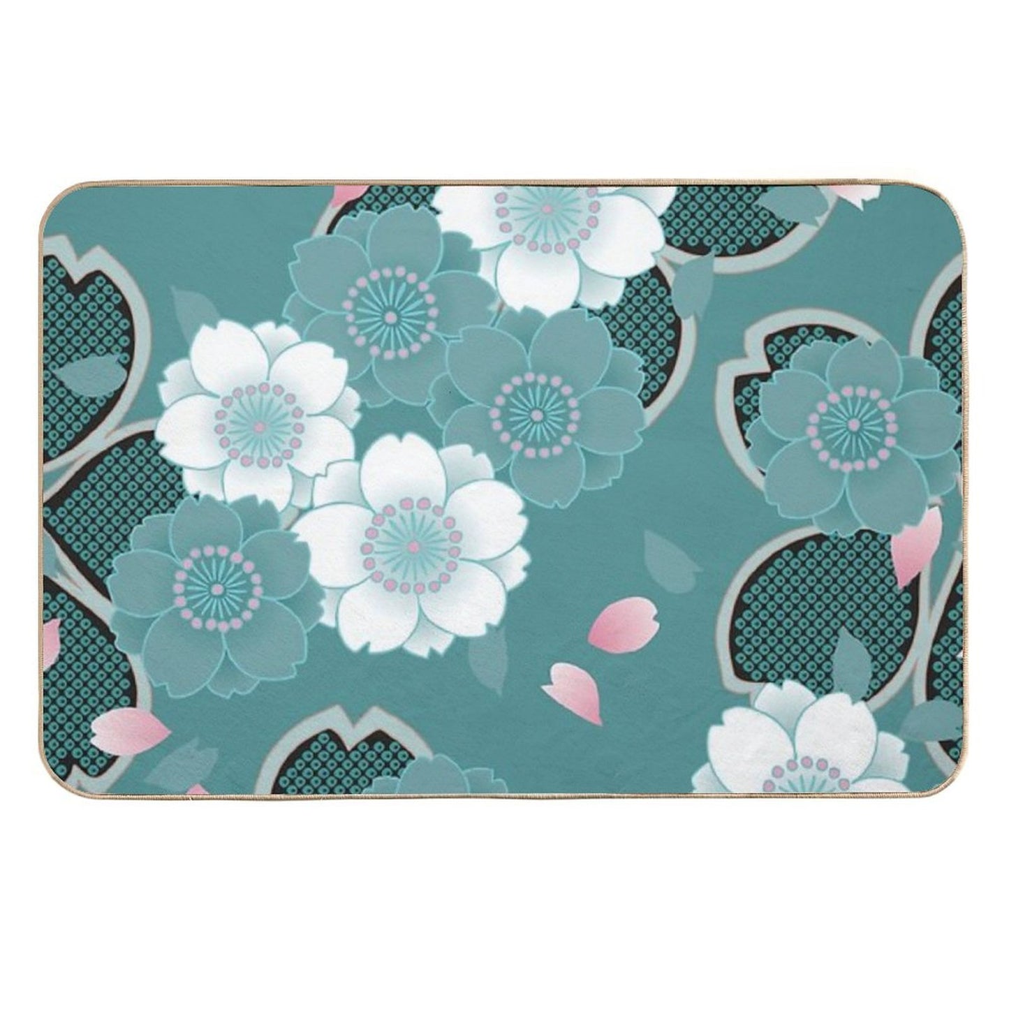 Pink White Teal Floral Japanese Sakura Kimono Pattern Eco-Friendly Bath Mat