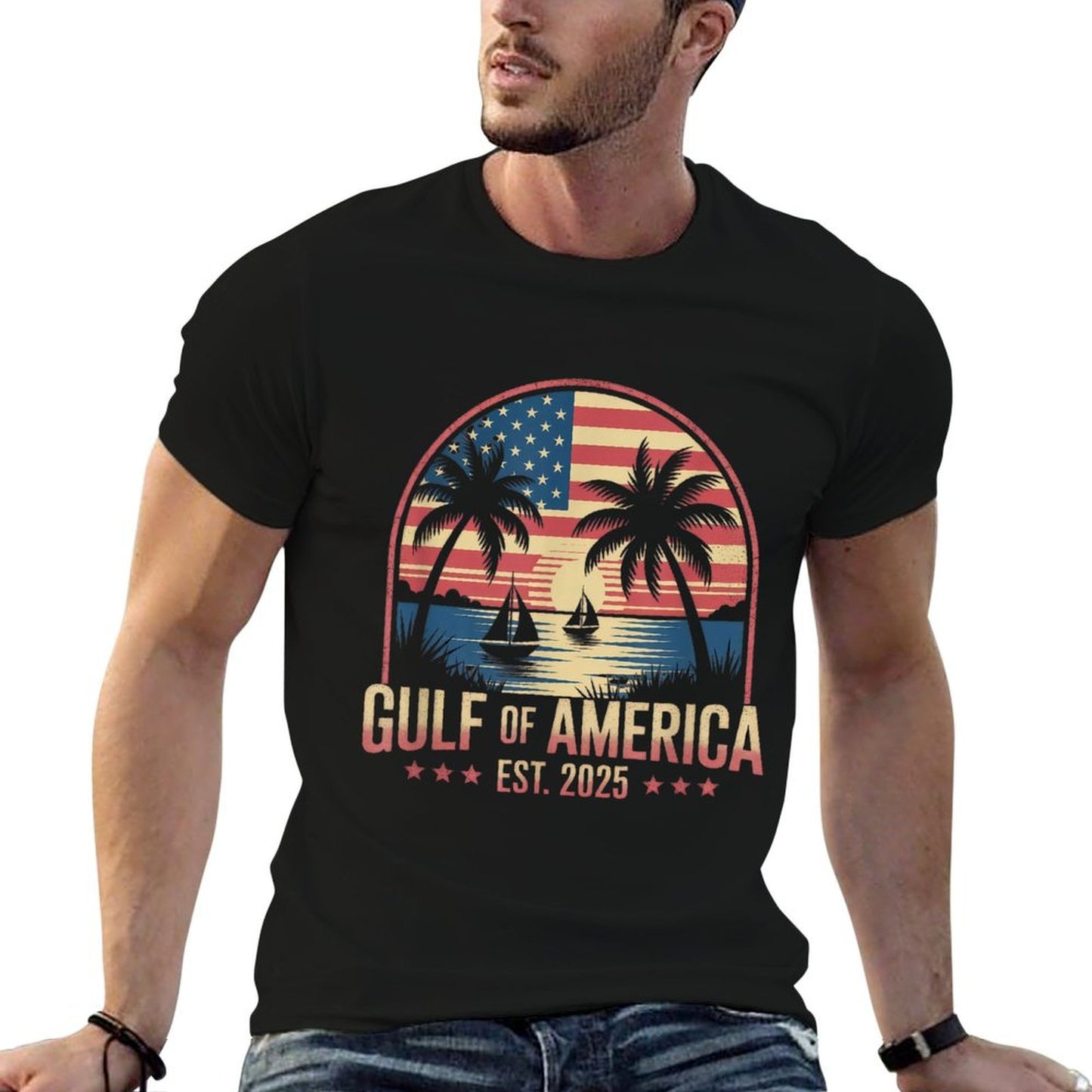 Retro Gulf Of USA America Est 2025 Gulf Mexico American Flag Polyester Blend T-Shirt