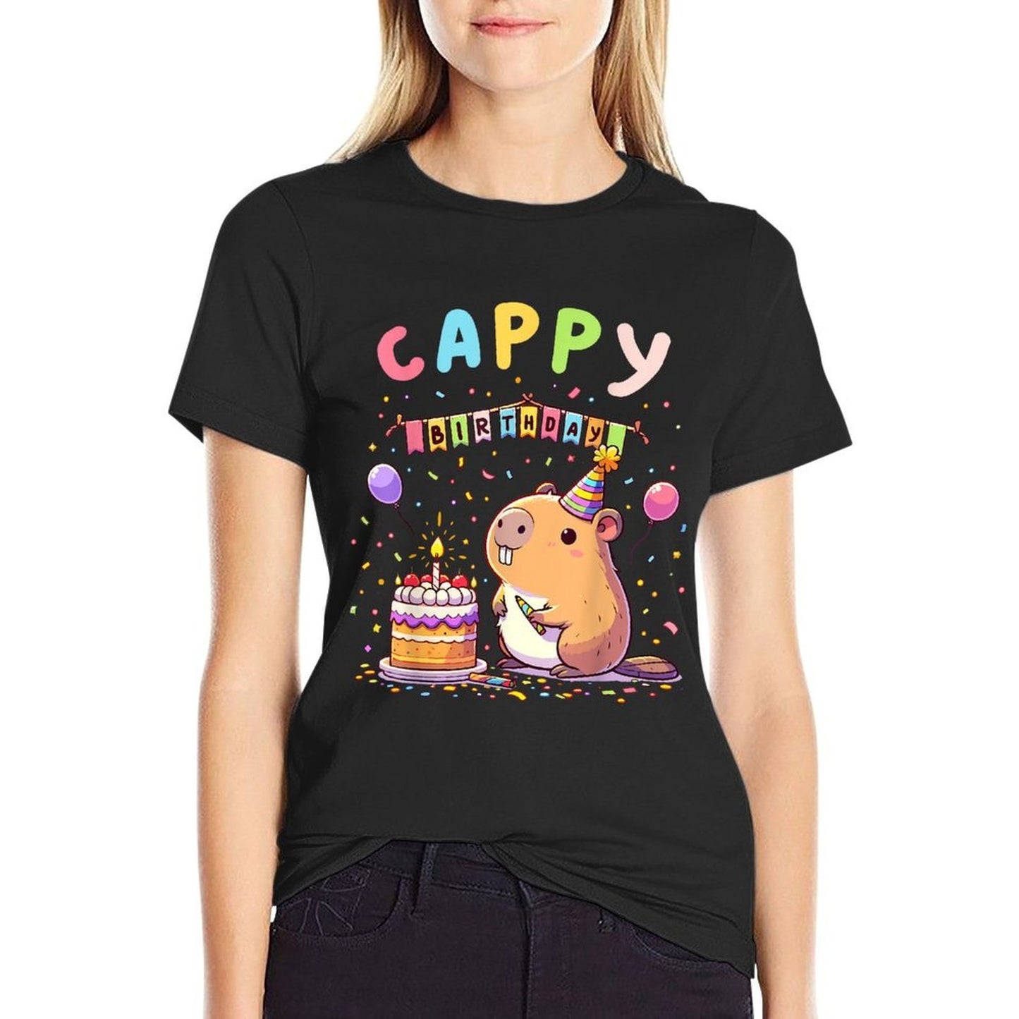 Cappy Birthday Capybara Lovers Girl Boy Happy Birthday Party Oversized Silhouette T-Shirt