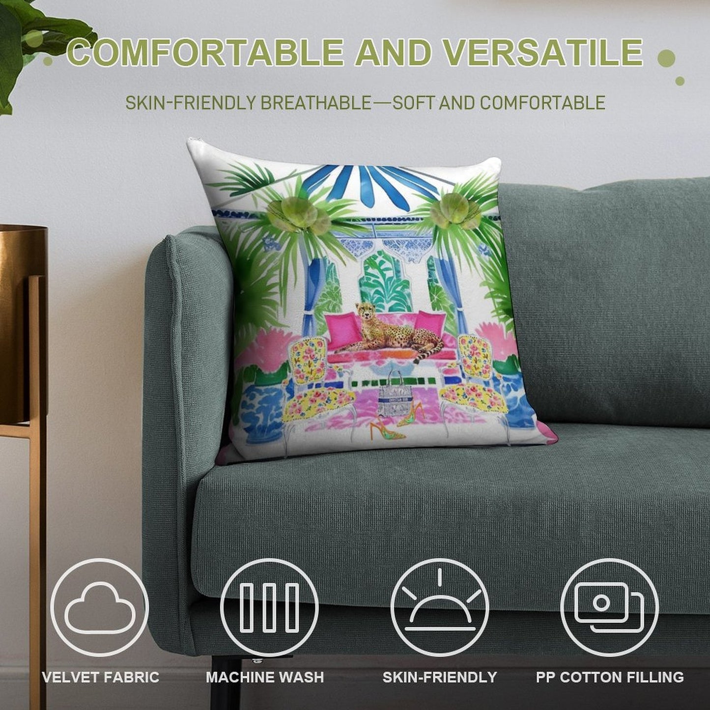 Preppy Cheetah in Stripy Blue Cabana Soft Reinforced Edging Throw Pillow