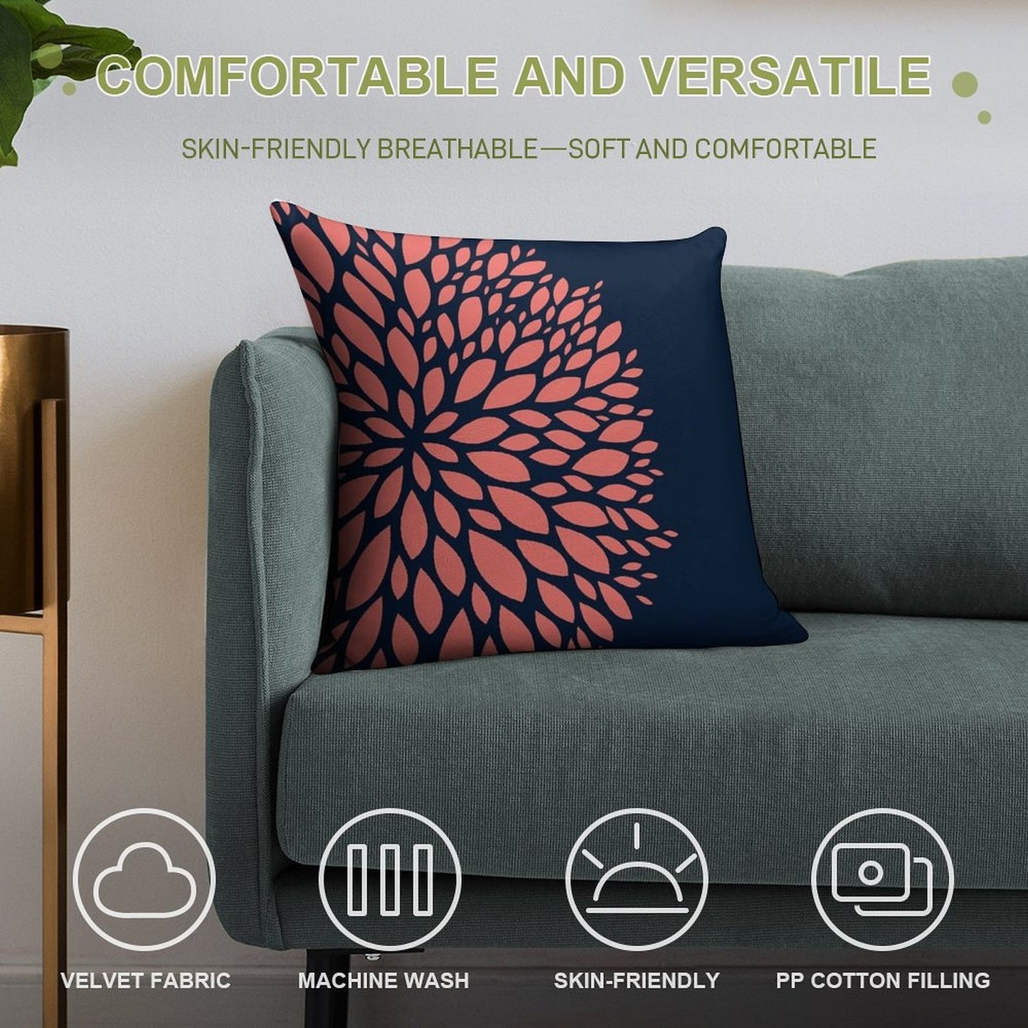 Navy Blue And Coral Flower Design Soft High-Density Material Throw Pillow