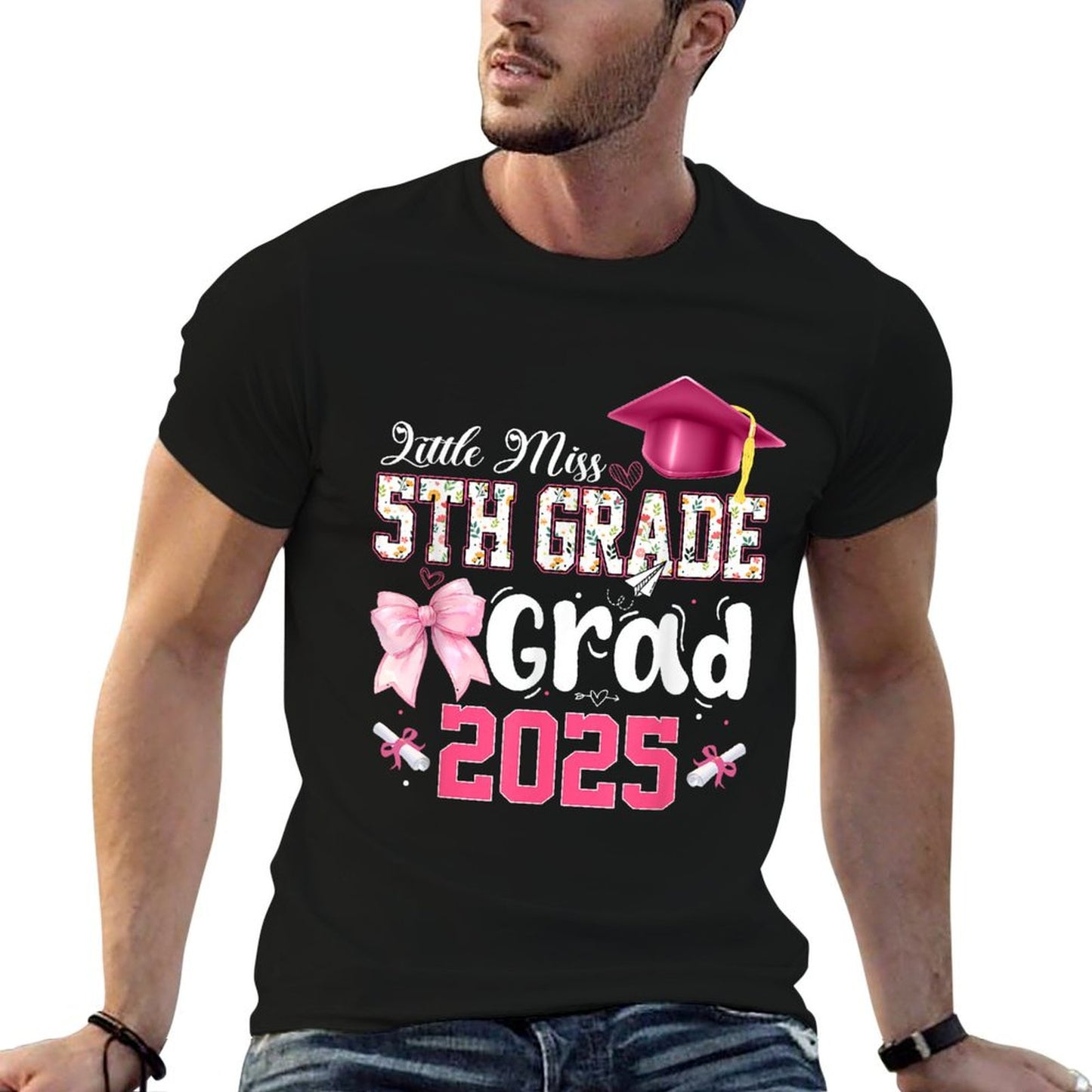 Little Miss 5th Grade Graduation Graduate Coquette Bow Kids Rolled Sleeves T-Shirt