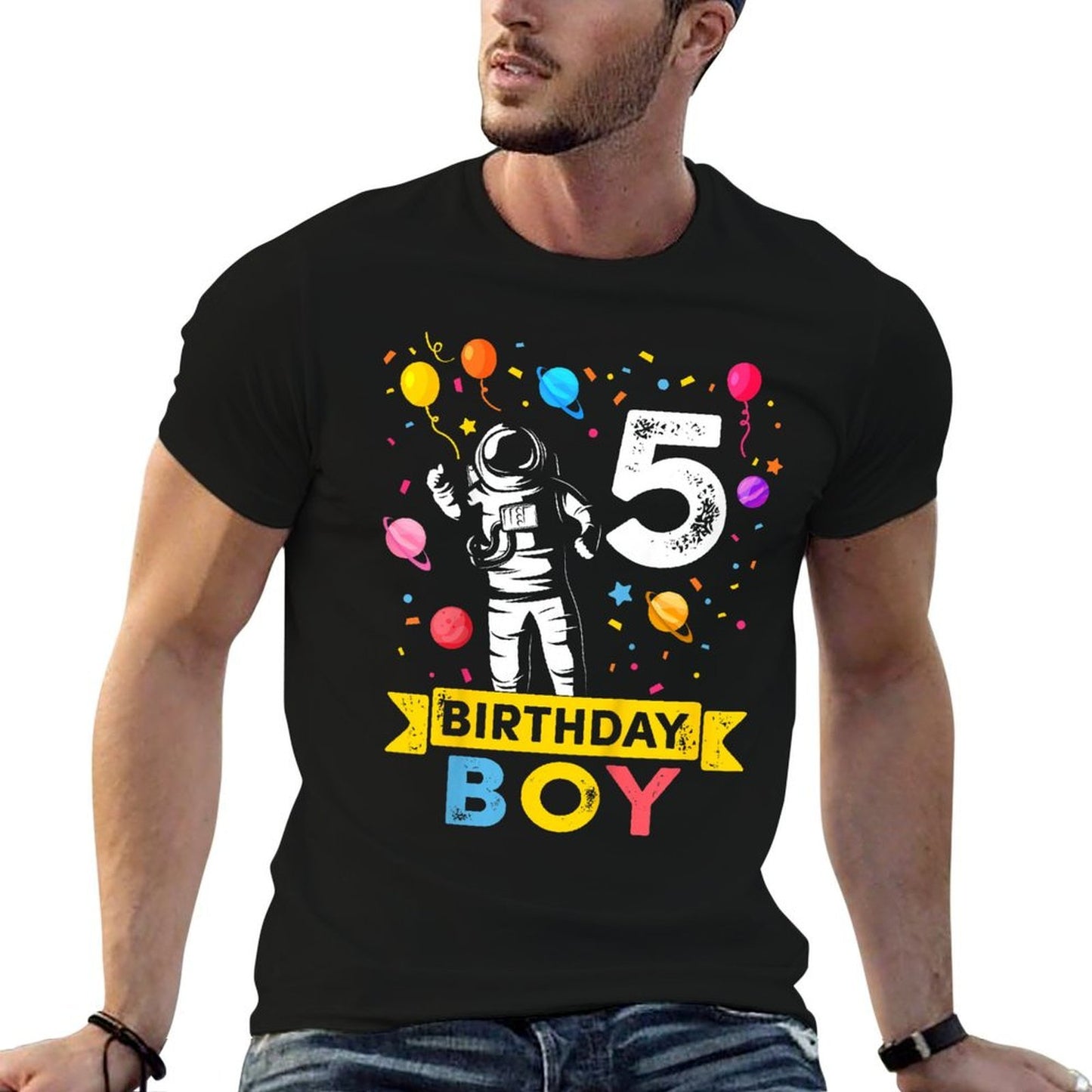 Kids 5 Year Old Boy Astronaut 5th Birthday Boy Oversized Silhouette T-Shirt