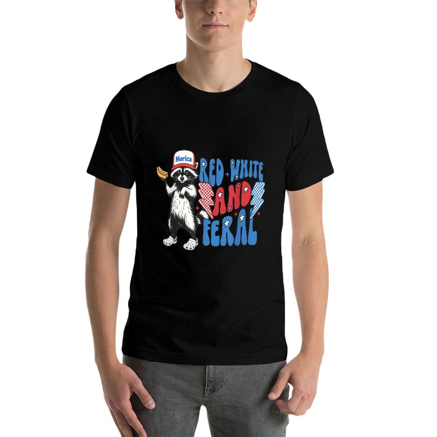 Red White And Feral Funny Raccoon 4th of July Patriotic Eco-friendly Material T-Shirt