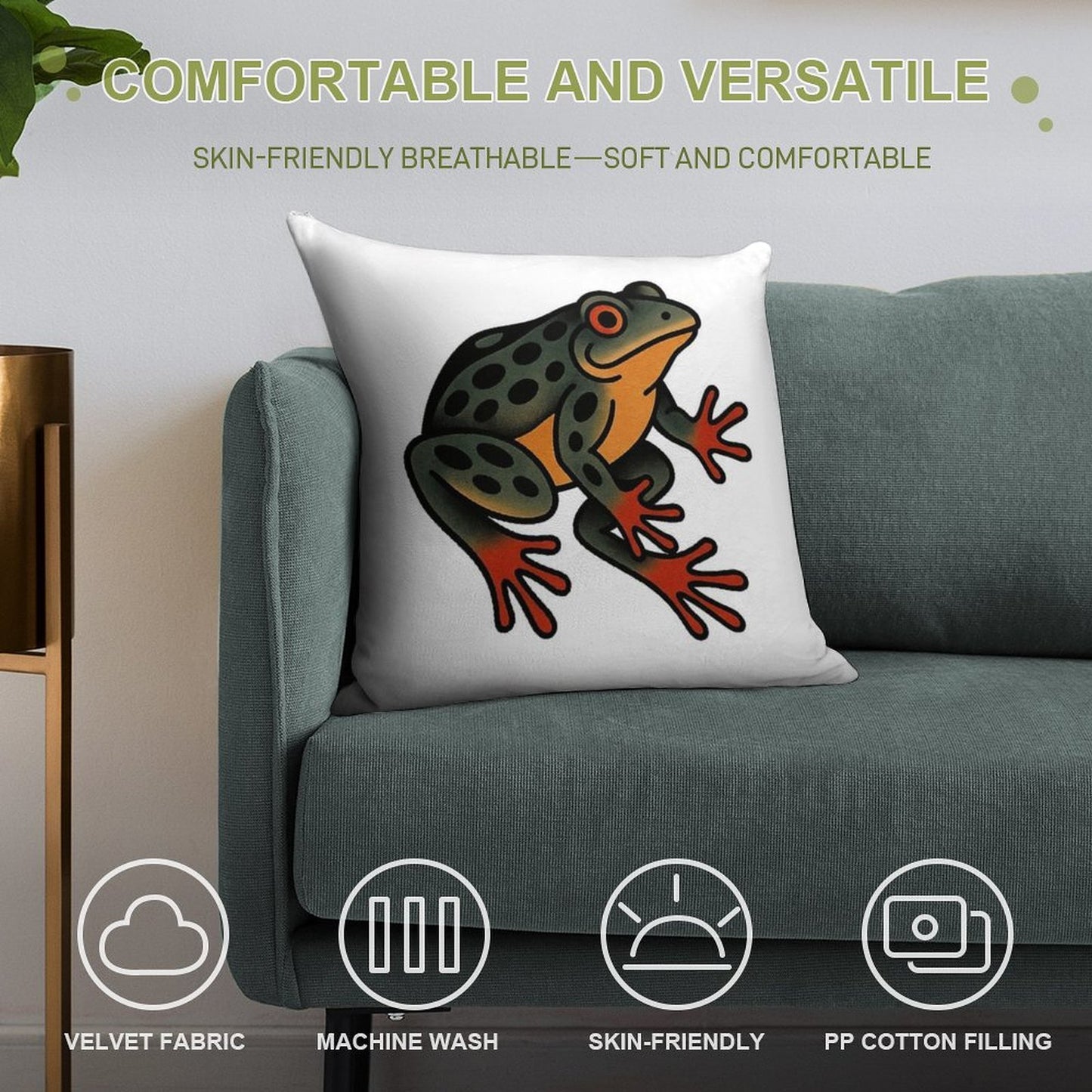 Frog American Traditional Tattoo Soft Short Plush Fabric Throw Pillow