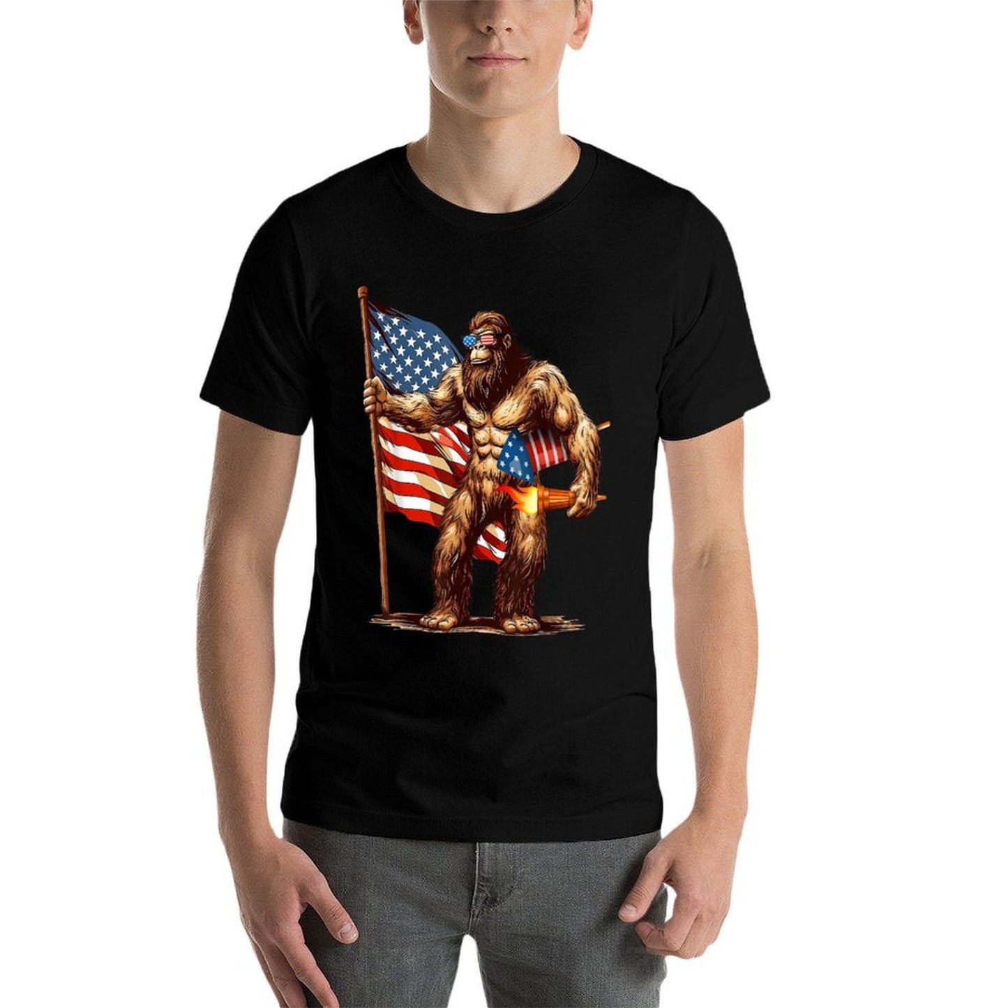 Bigfoot Fireworks 4th of July Men Sasquatch American US Ribbed Collar T-Shirt