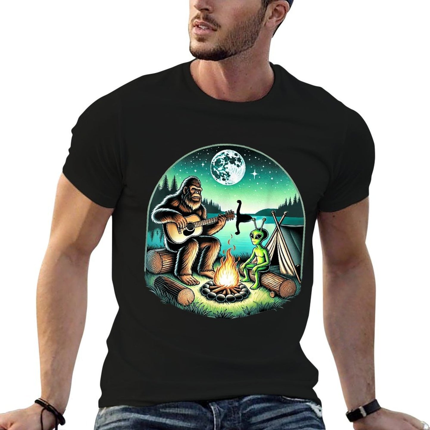 Alien And Bigfoot Loch Ness Campfire Sasquatch Guitar Affordable Price T-Shirt