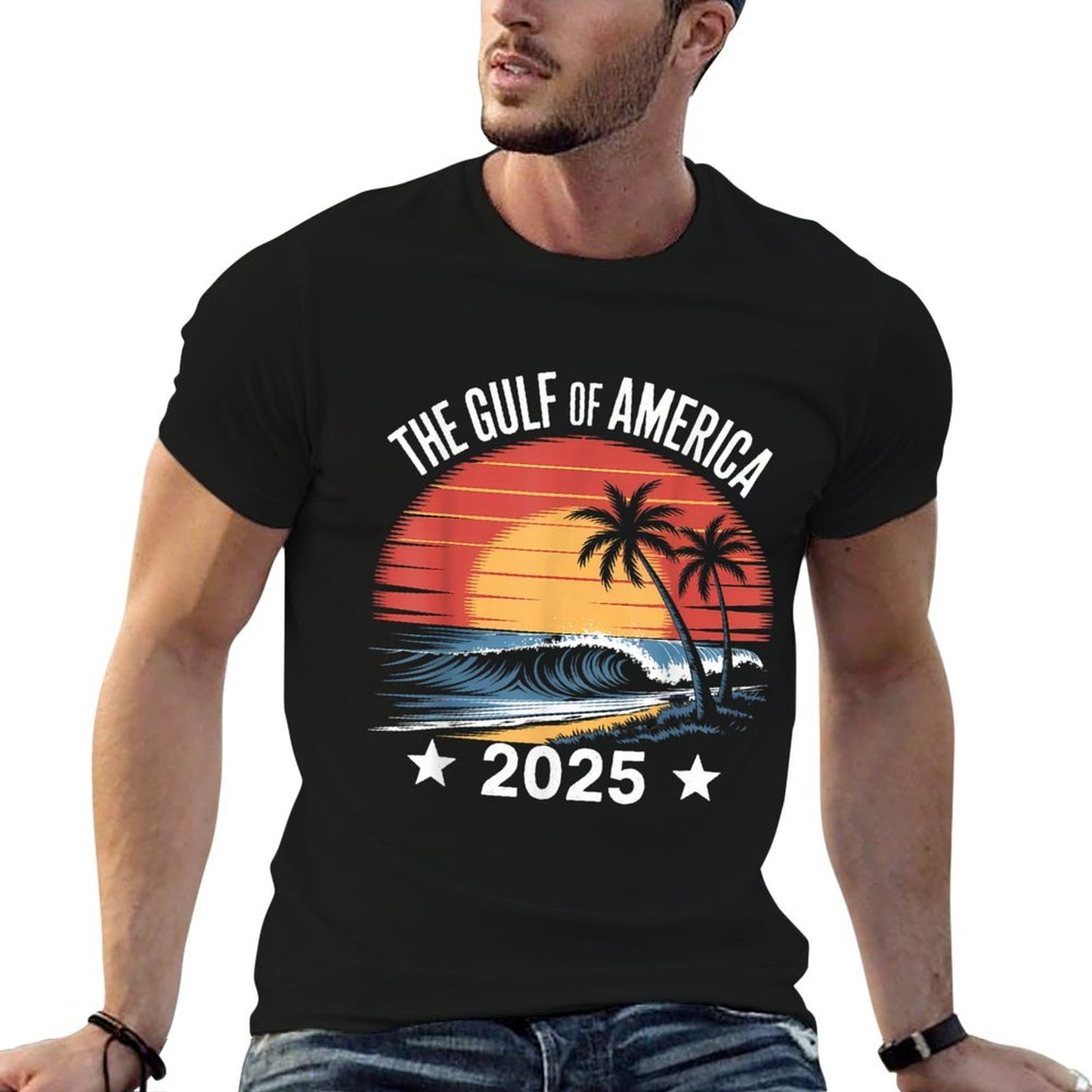 Vintage Retro Gulf Of US America Sunset Flag Heathered Texture T-Shirt