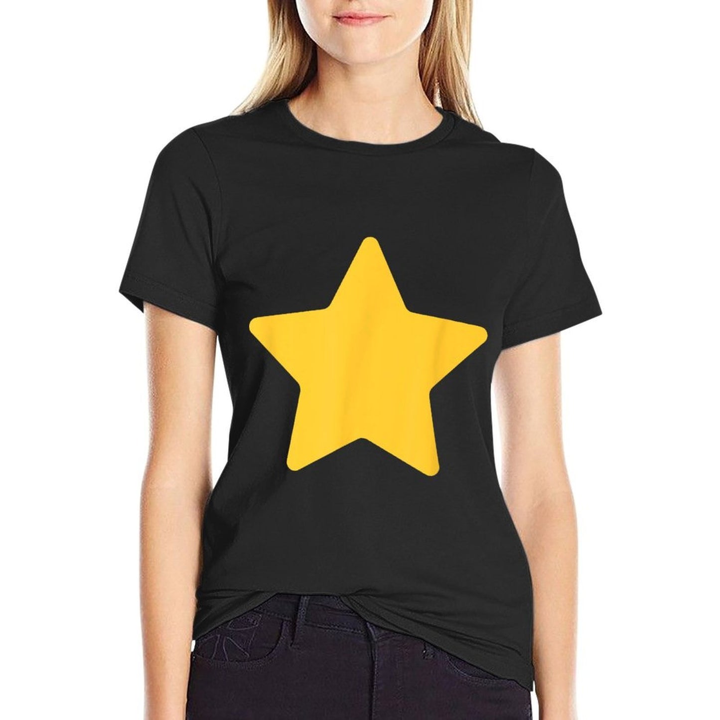Classic Big Yellow Star Graphic on Front for Kids Ribbed Collar T-Shirt