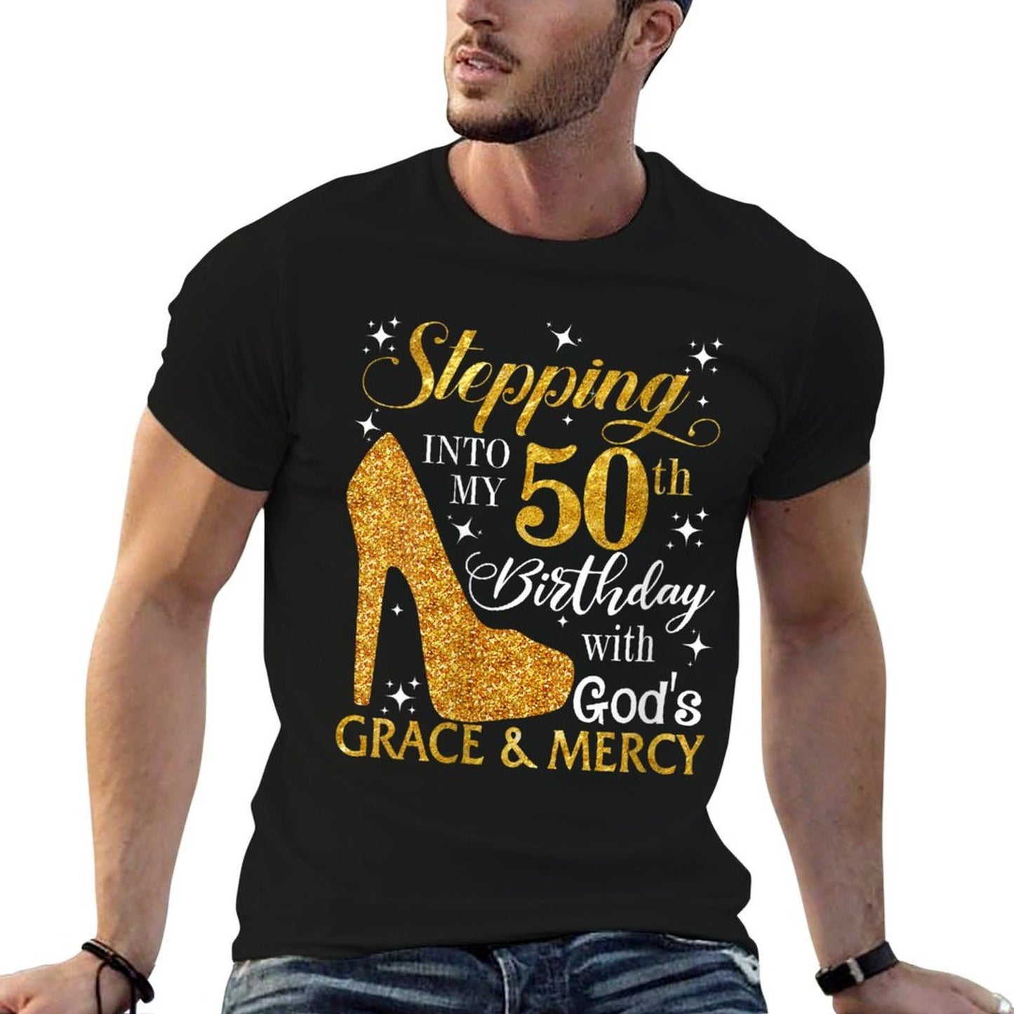 Womens Stepping Into My 50th Birthday with God's Grace & Mercy Summer-ready Fabric T-Shirt