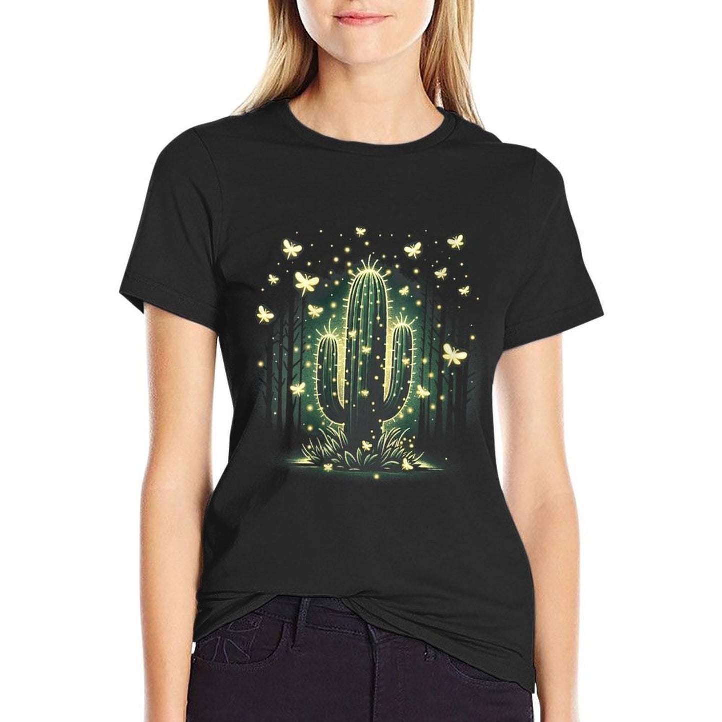 Womens Firefly Glow Cactus - Mystical Forest Night Ribbed Collar T-Shirt