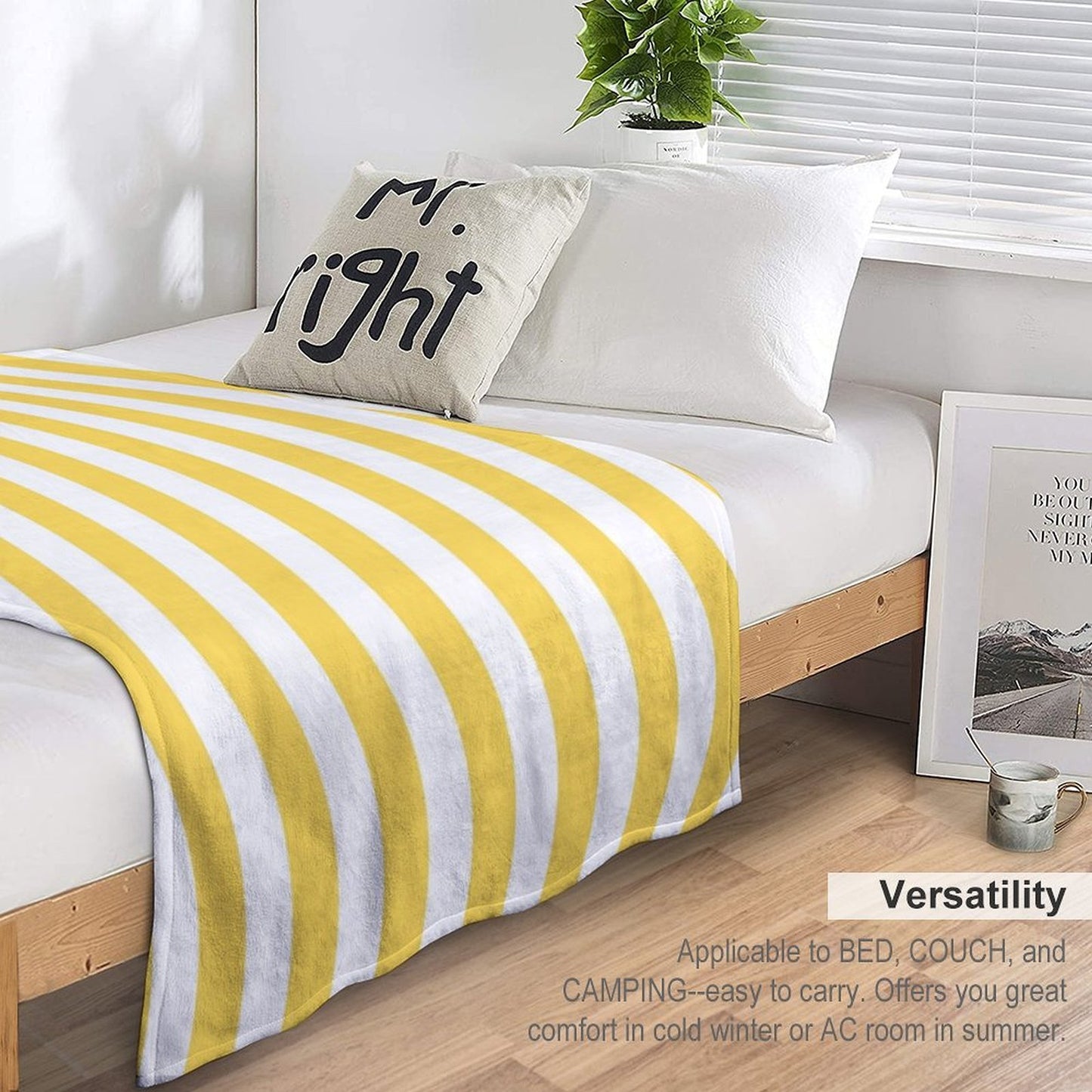 Yellow And White Vertical Stripes Plush Throw Blanket