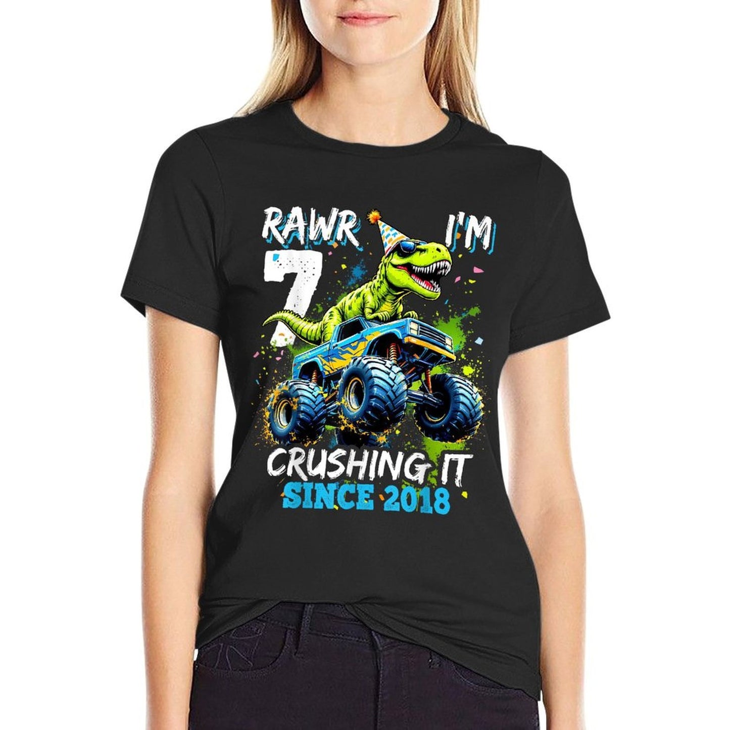7th Birthday Monster Truck Dinosaur Party Boys Rawr I'm 7 Versatile T-Shirt