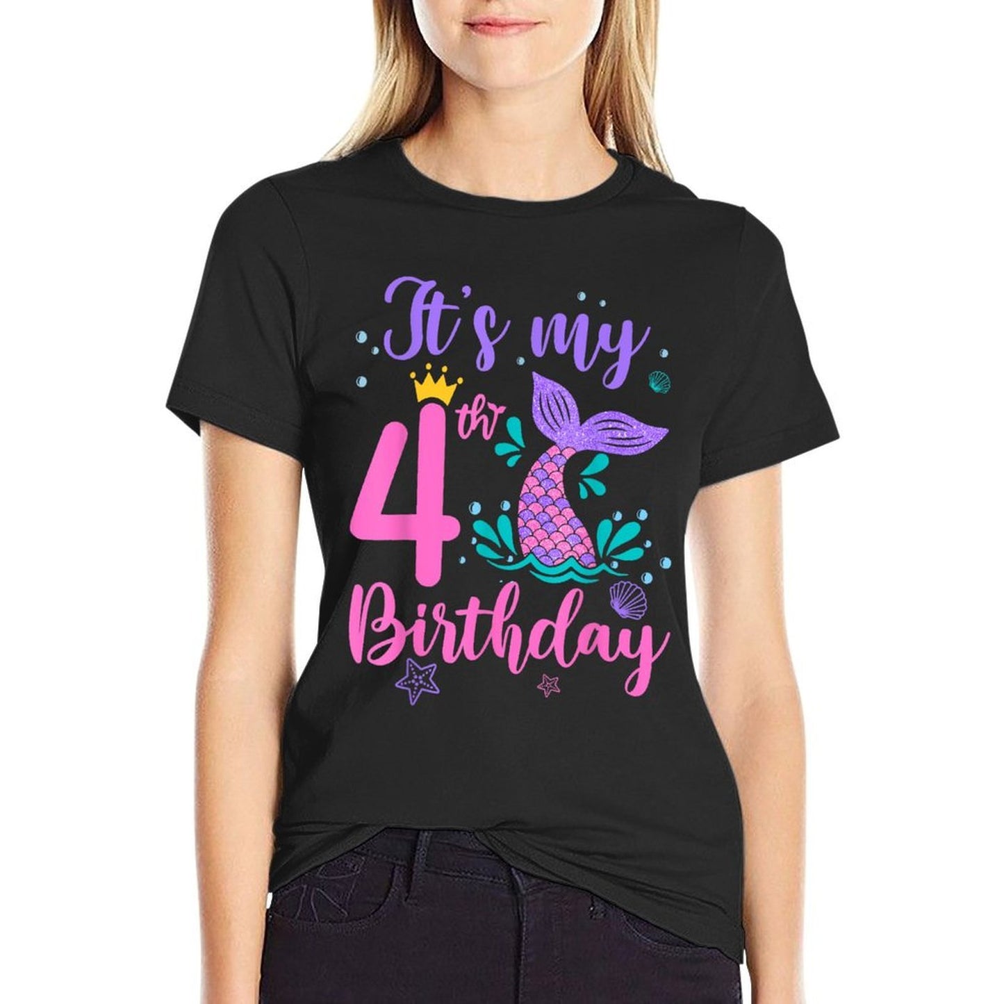 Kids 4 Year Old It's My Birthday Mermaid 4th Girl Daughter Polyester Blend T-Shirt