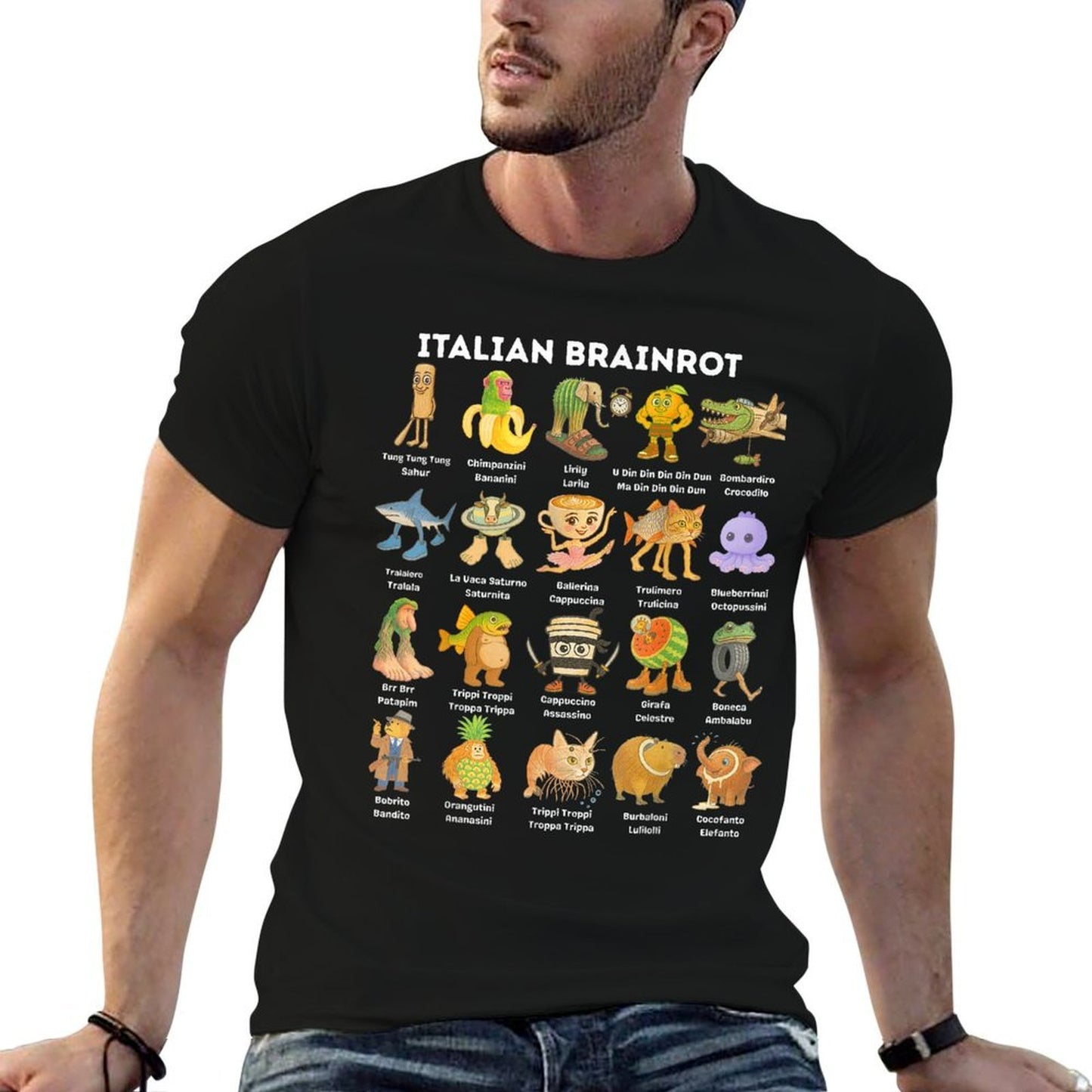 Types of Italian Brainrot Meme Character Hand Drawn for Kids Ribbed Collar T-Shirt