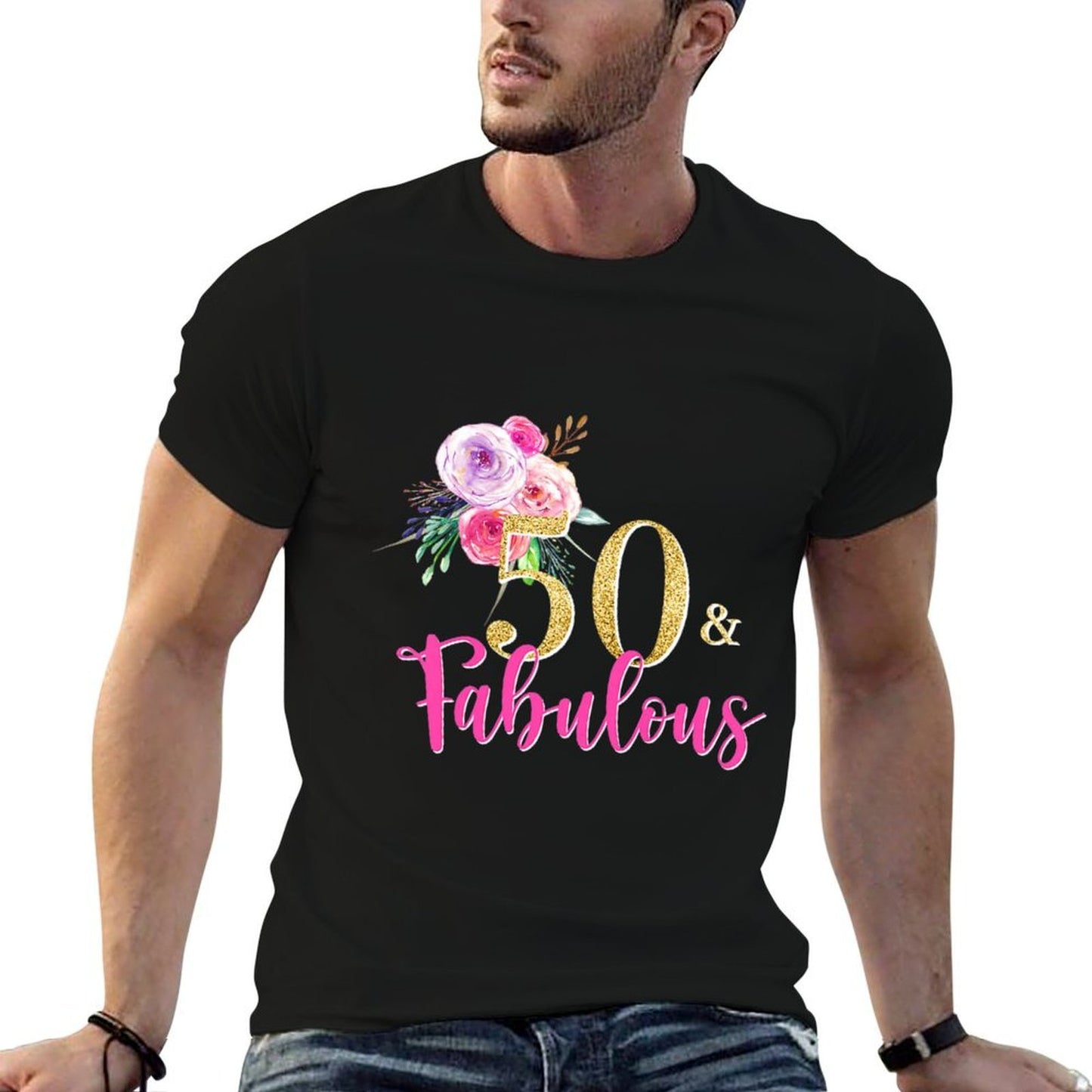 Womens Womens 50th Birthday Watercolor Flowers Cute Fabulous Premium Affordable Price T-Shirt