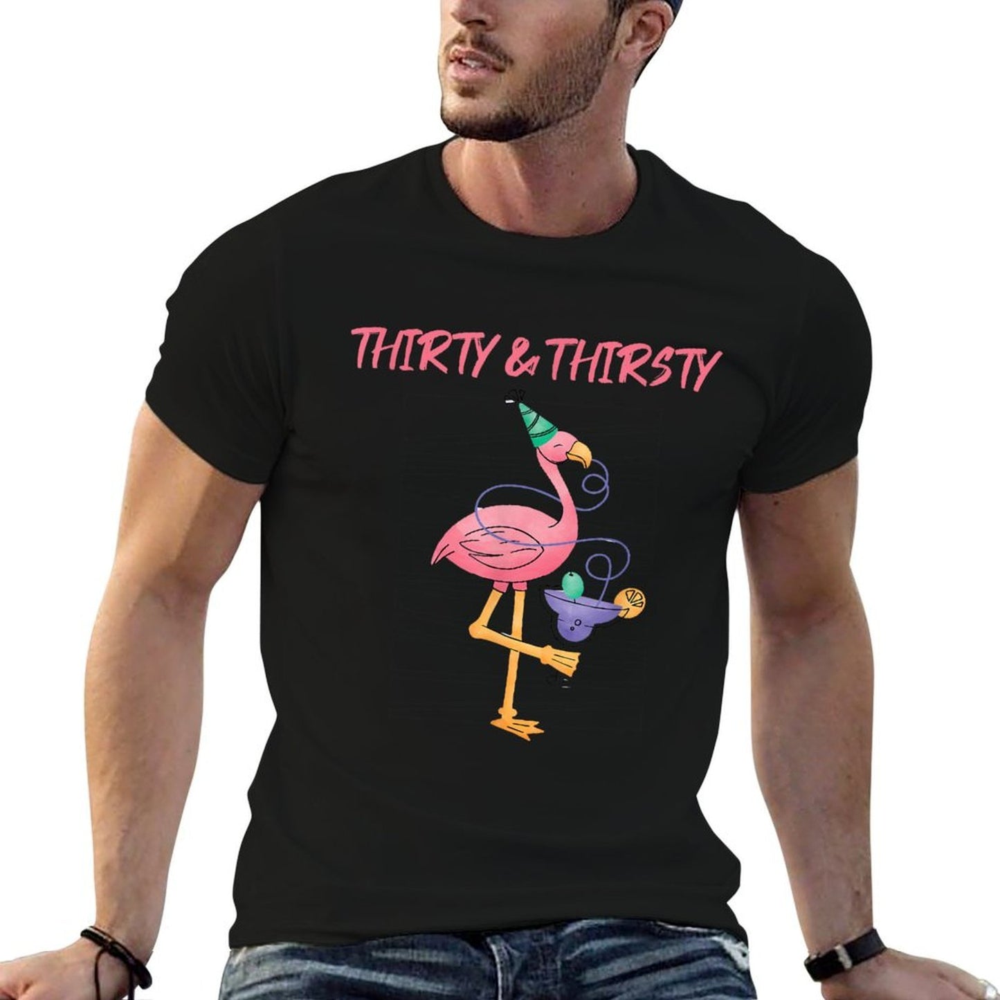 Thirty & Thirsty 30th Birthday Party Flamingo Funny High-quality Stitching T-Shirt