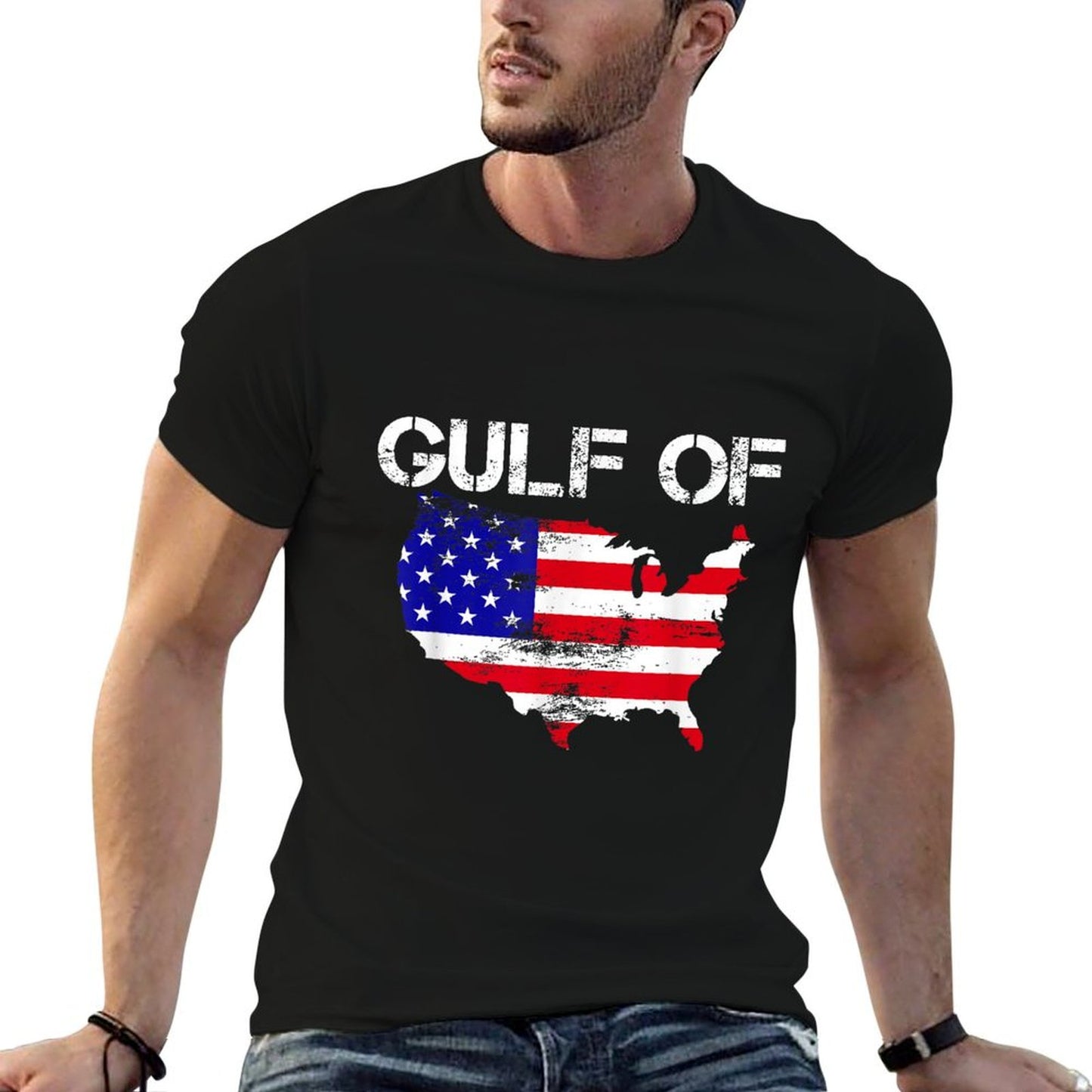 Gulf of USA America Funny USA Flag Map 4th of July Pride Ribbed Collar T-Shirt