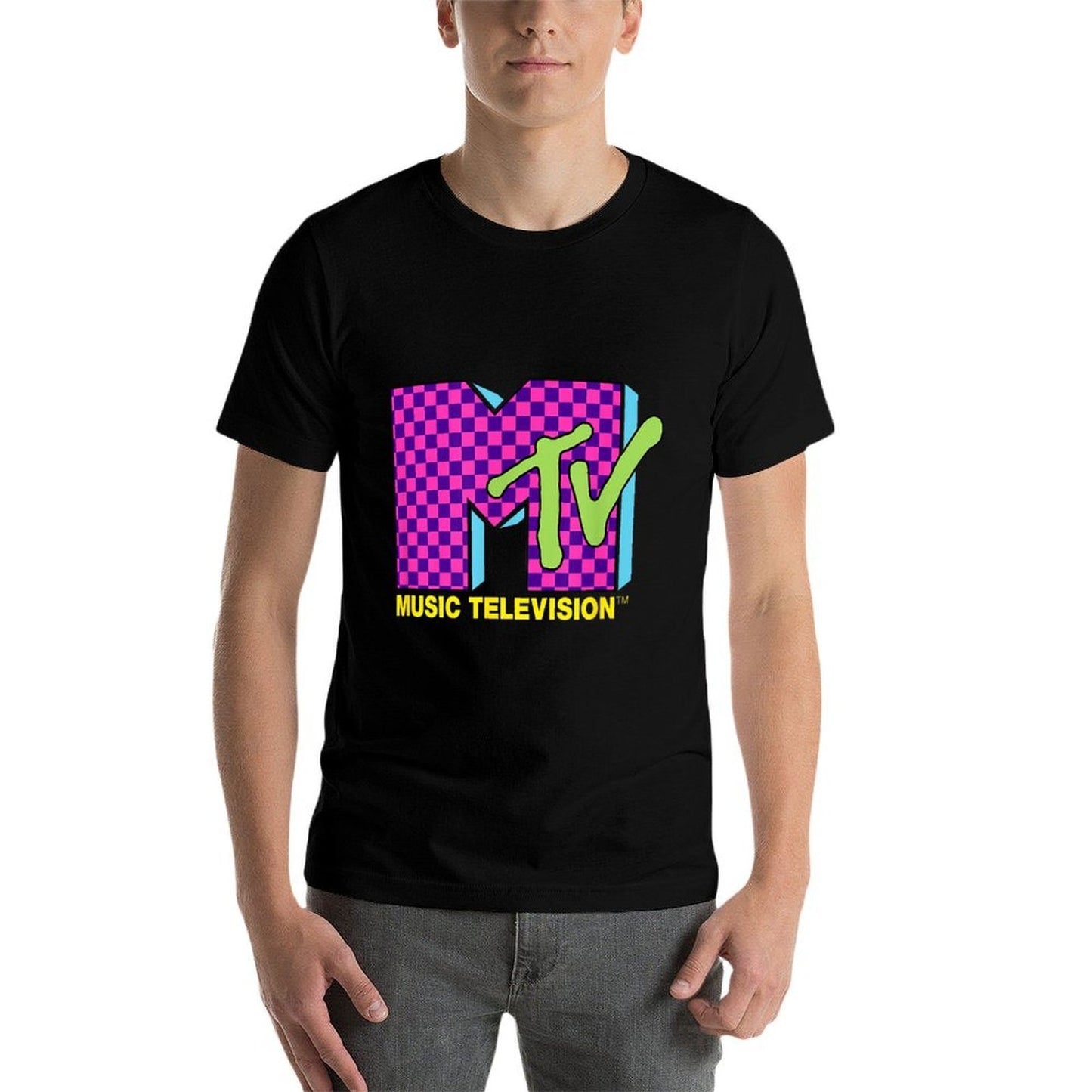 MTV Music Television Retro 80s Neon Pink Checkerboard Logo Polyester Blend T-Shirt