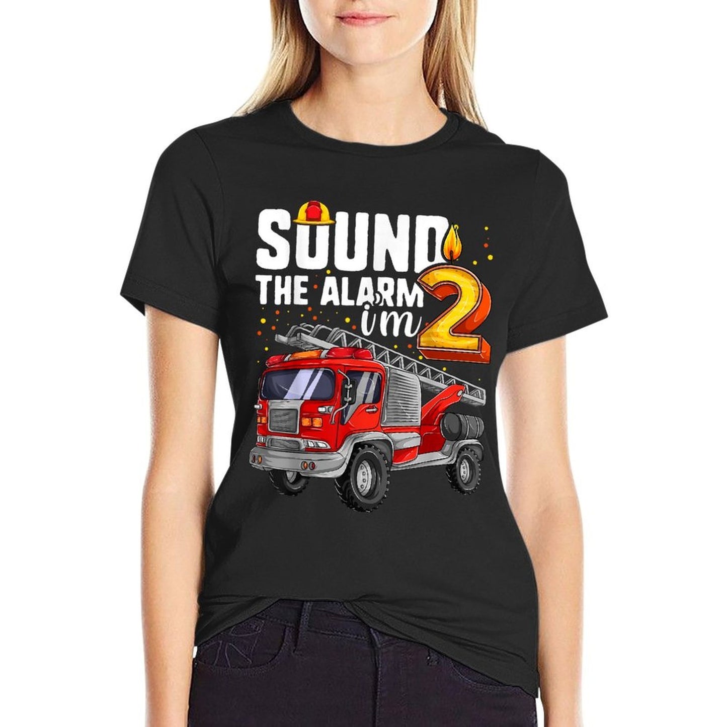 2 Years Old Firetruck, Birthday Toddler Firefighter Heathered Texture T-Shirt