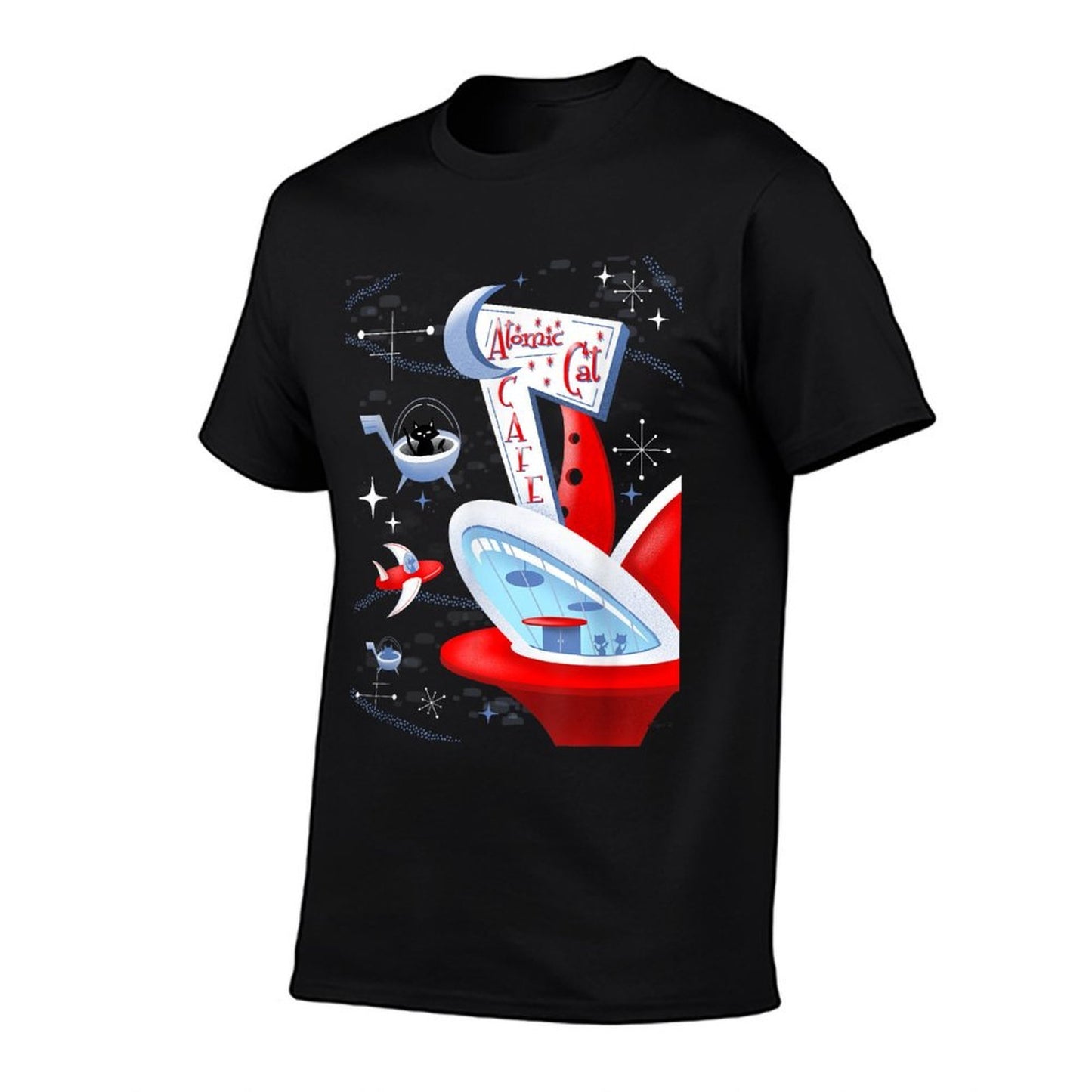 Funny Atomic Cat Cafe Retro Futuristic Spaceport Mid Century Eco-friendly Material T-Shirt