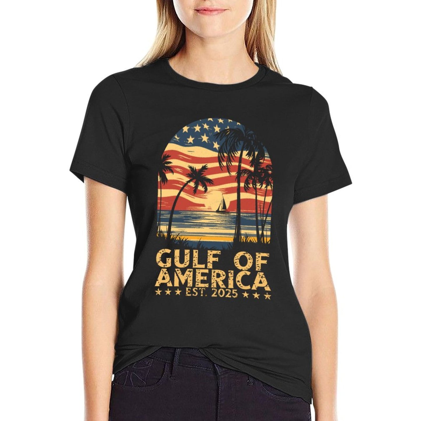 Retro Gulf Of USA America Est 2025 American Flag Gulf Mexico Ribbed Collar T-Shirt
