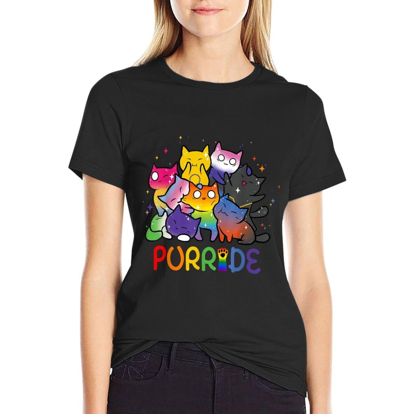 Purride Cat Pride Ally LGBT Rainbow Animal Lovers Women Kids Summer-ready Fabric T-Shirt