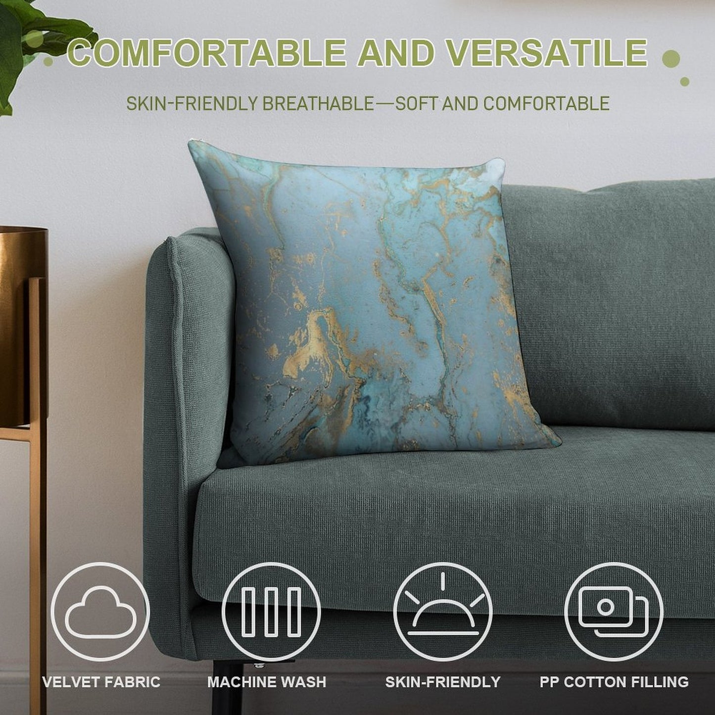 Marble Design - Gold Effect - Turquoise Blue, Teal Marbling Soft Ultra-Soft Texture Throw Pillow