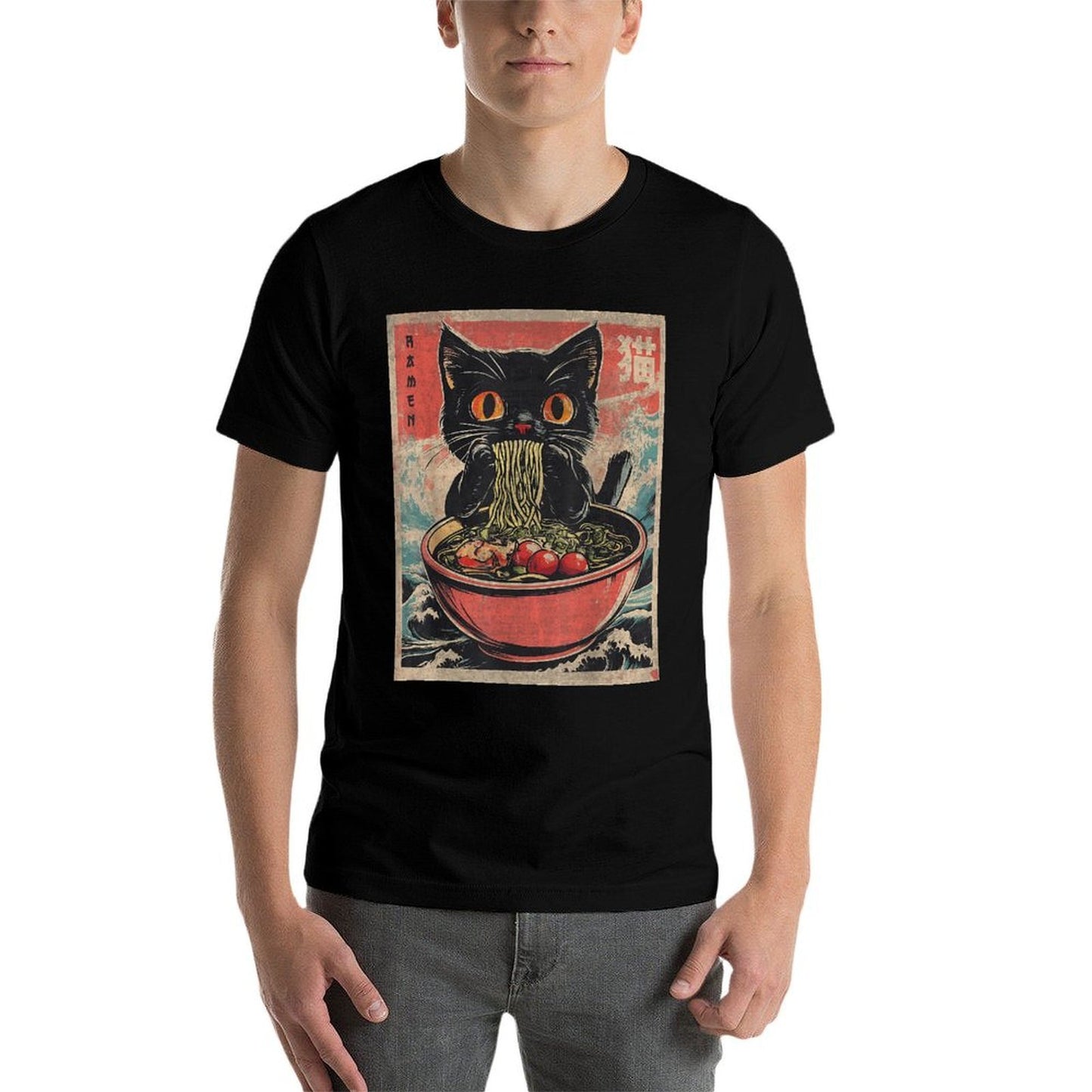 Anime For Men Women Kids Cat Ramen Noodles Unisex Anime Cat Ramen Japanese Funny Graphics Kawaii Cat Anime Gifts Black XS Heathered Texture T-Shirt