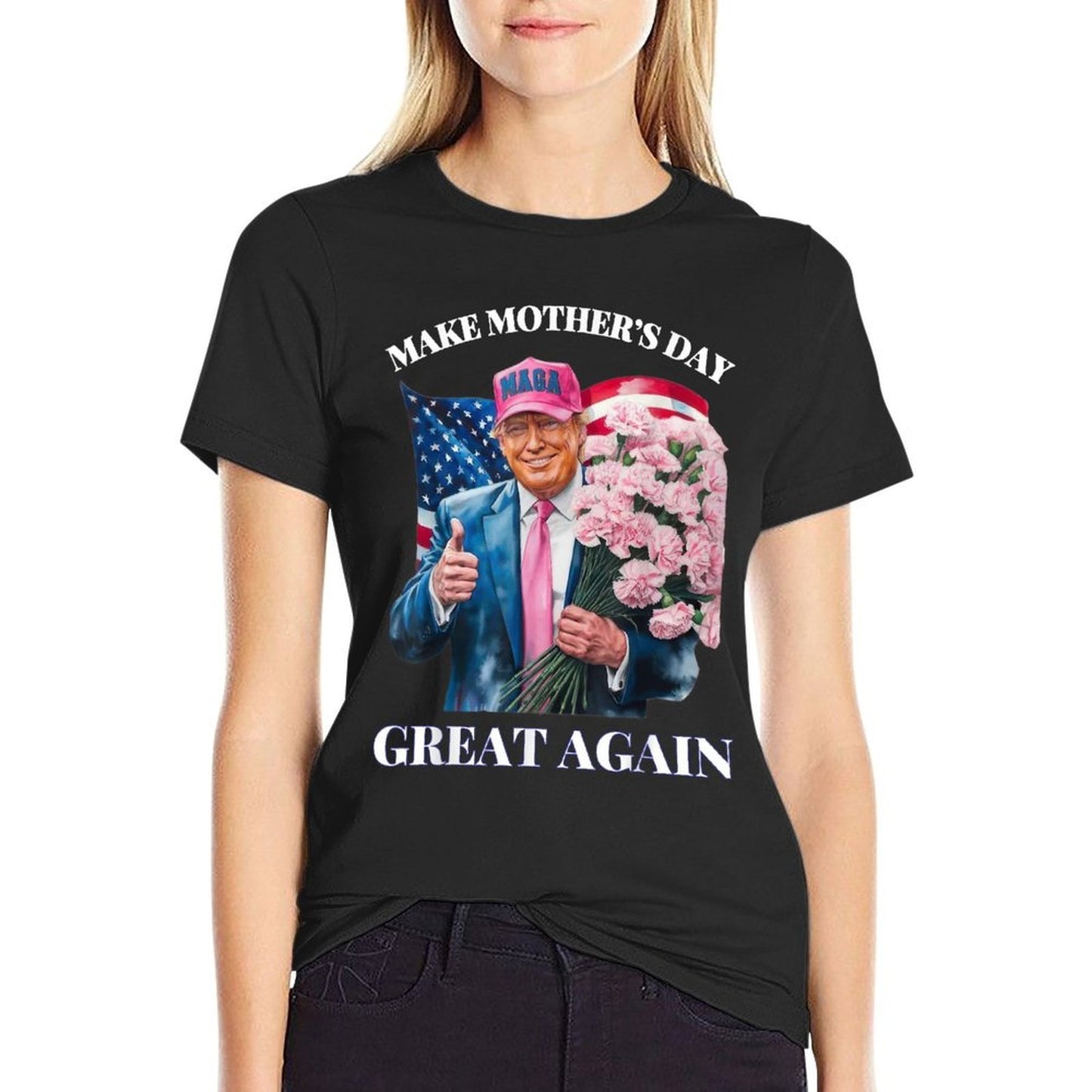 Funny Trump Make Mother's Day Great Again Flower USA Ribbed Collar T-Shirt