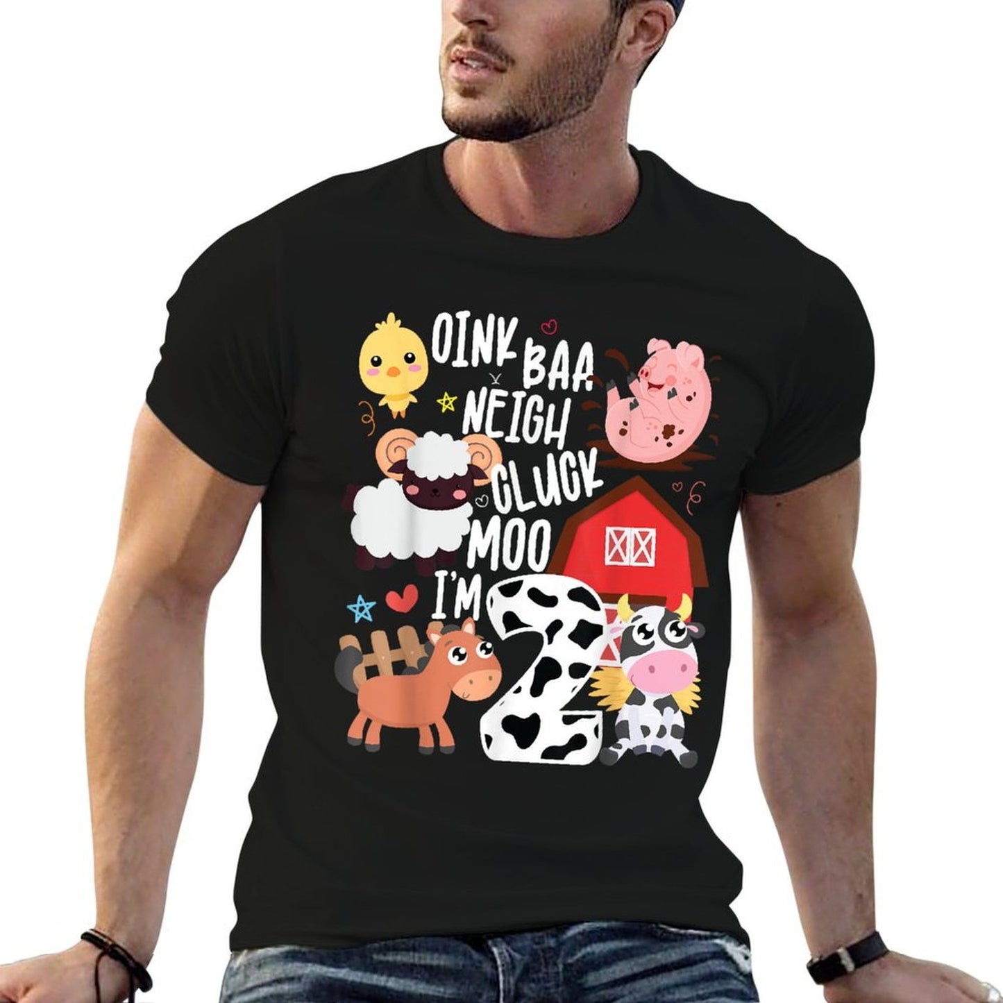 Oink Baa Neigh Cluck Moo I'm Two 2 Farmer 2nd Birthday Farm Stretchy T-Shirt