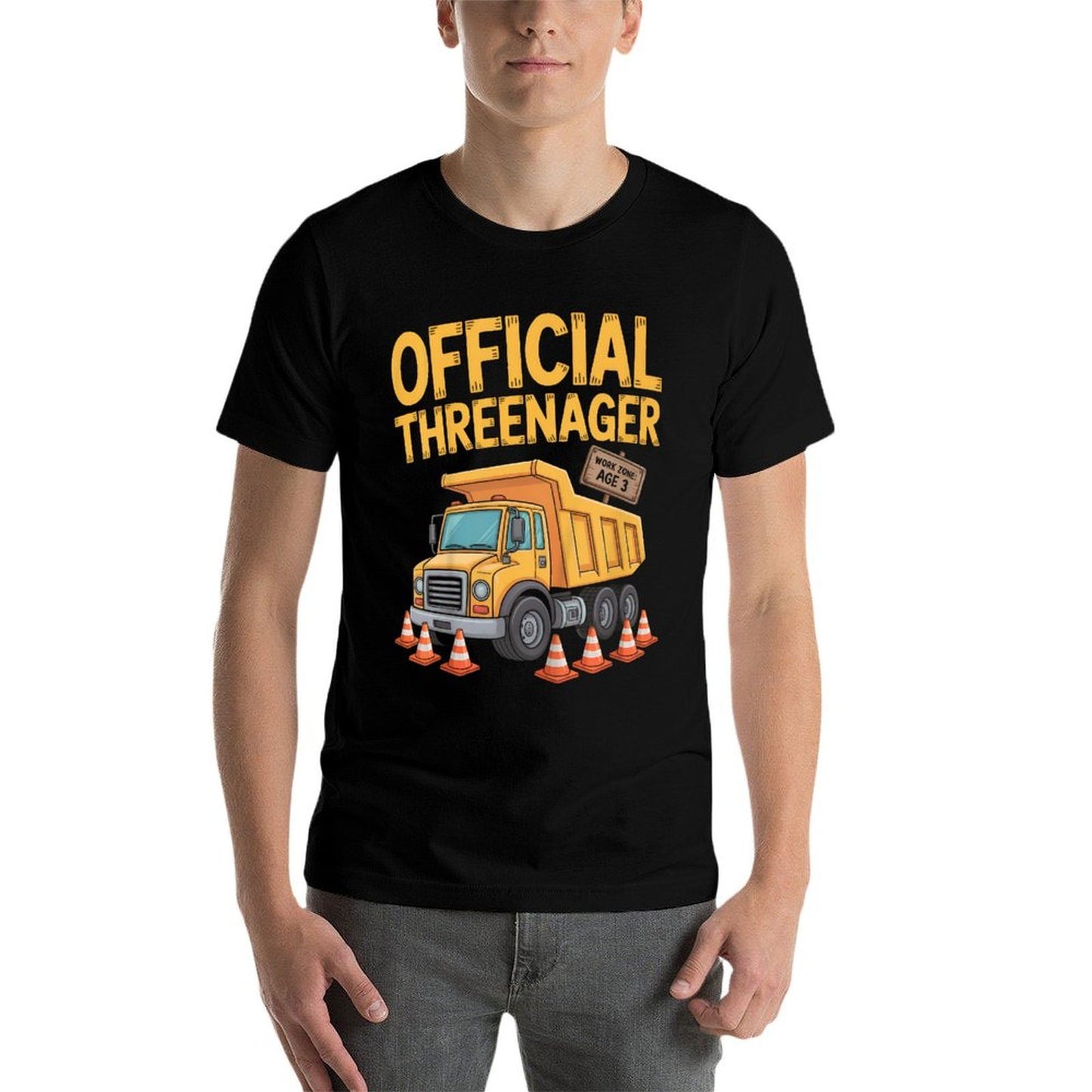 Kids Birthday Boy Three Years Old Threenager Construction Truck Heathered Texture T-Shirt