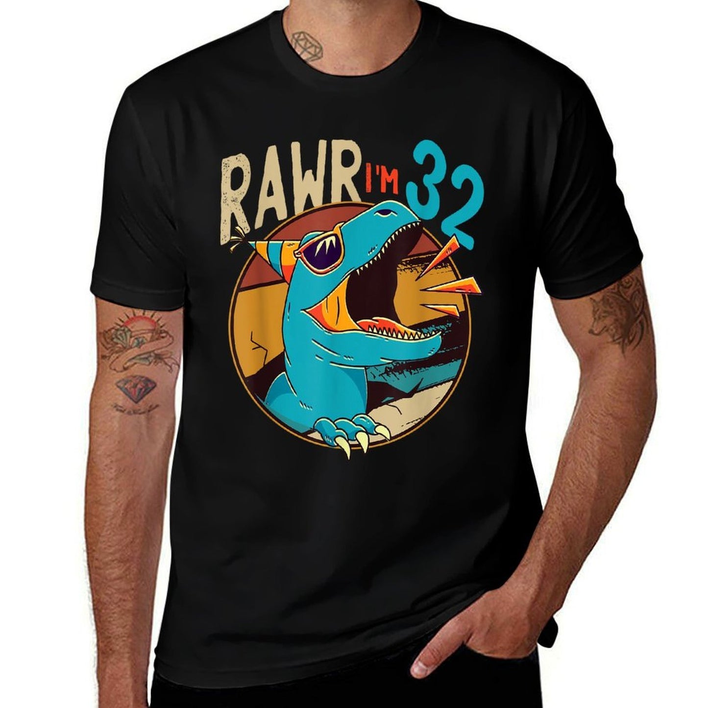 32nd Birthday Dinosaur 32 Years Old Dinosaur Birthday Summer-ready Fabric T-Shirt