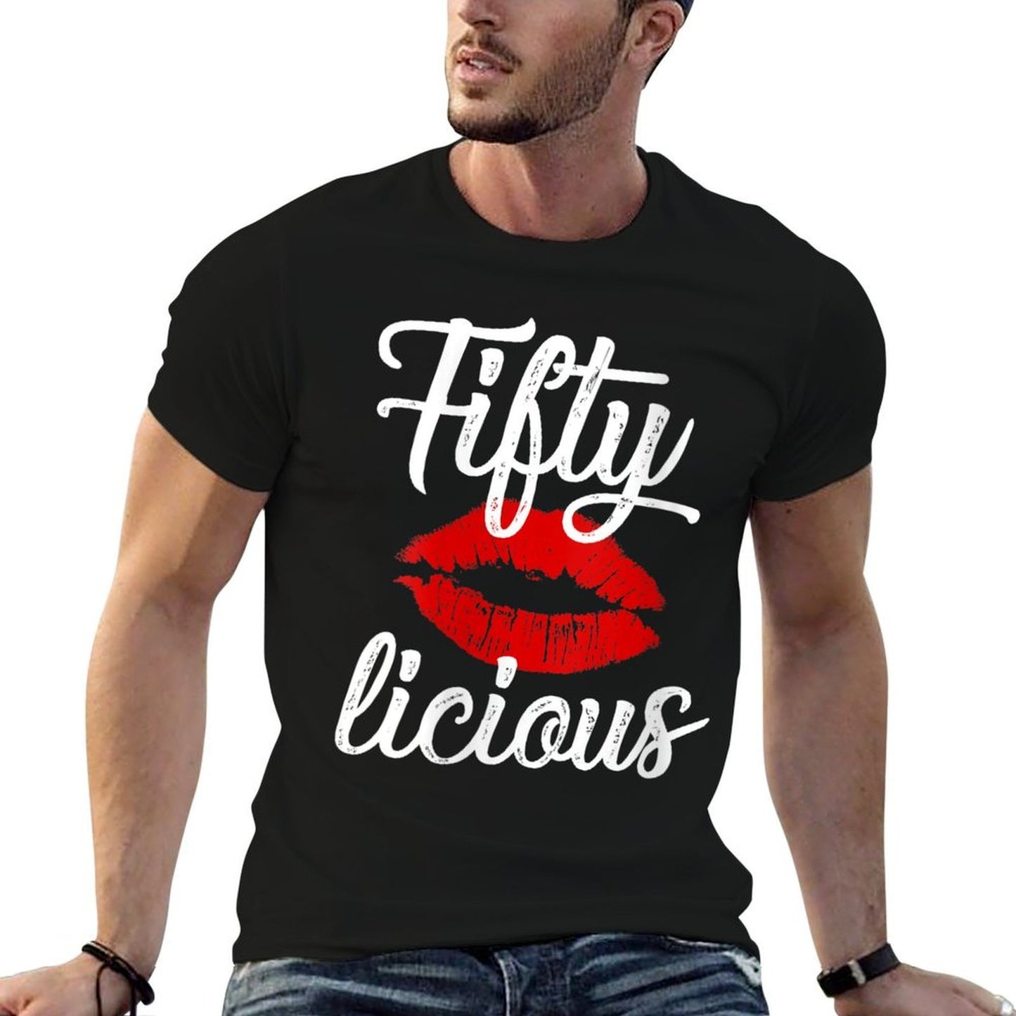 Womens Fifty Licious Sexy Lips Funny 50th Birthday Party Outfit Summer-ready Fabric T-Shirt
