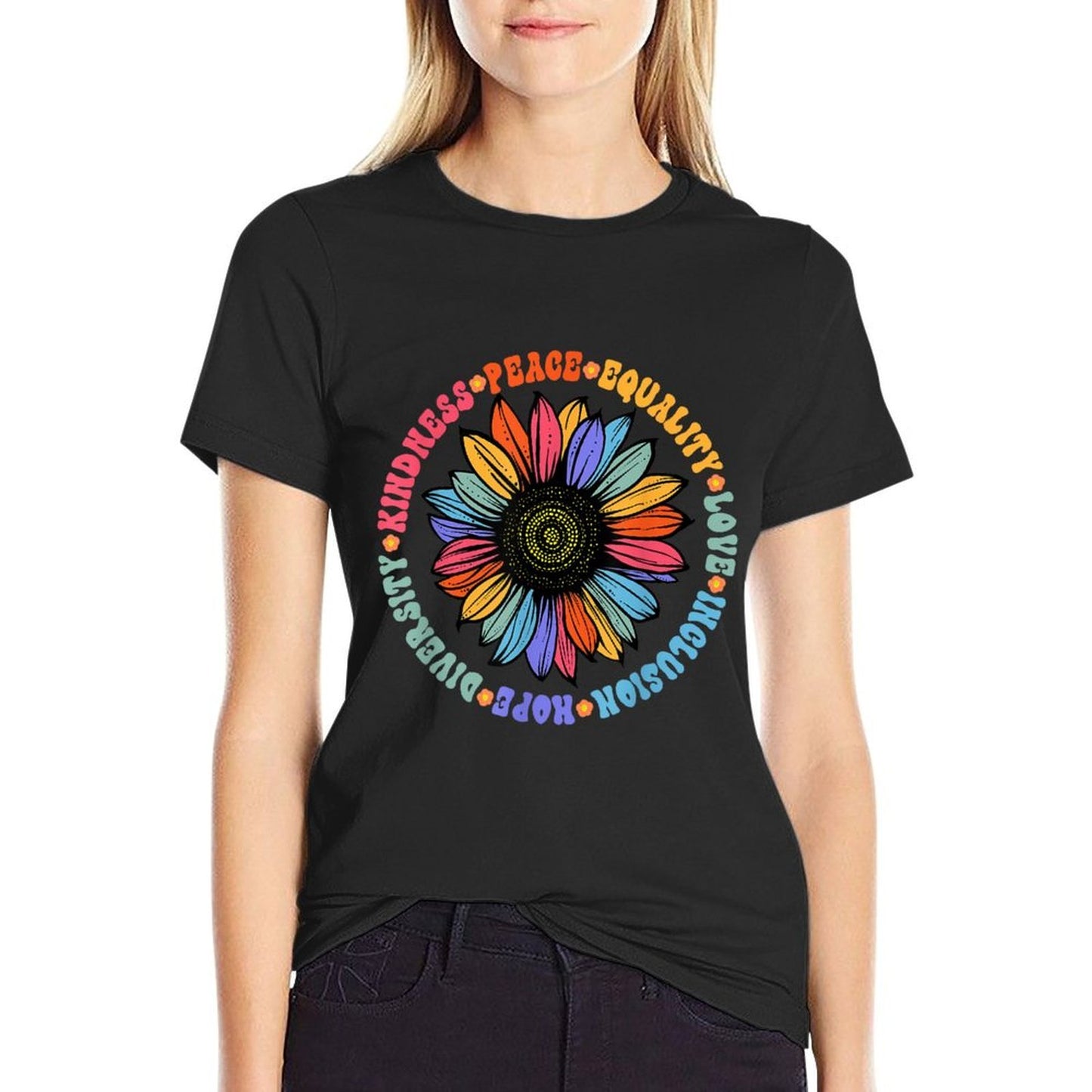 World Peace Supporter Sunflower Floral Outfit Kindness Peace Equality Love Hope Diversity Human Rights Black Floral Sunflower Pa Polyester Blend T-Shirt