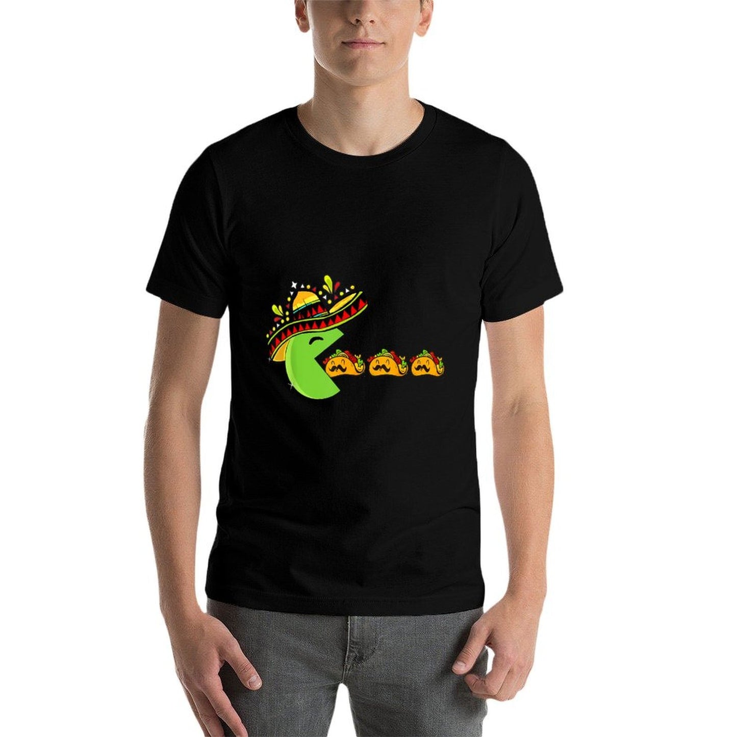 Sombrero Eating Funny Tacos with Mustaches Cinco De Mayo Ribbed Collar T-Shirt