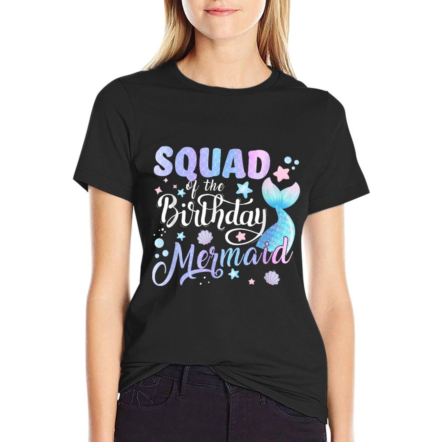 SQUAD Of The Birthday Mermaid Matching Family Party Mother Ribbed Collar T-Shirt