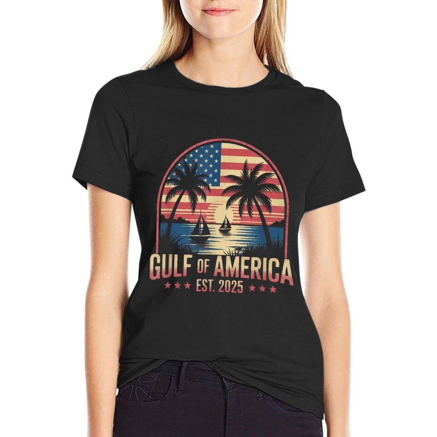 Retro Gulf Of USA America Est 2025 Gulf Mexico American Flag Polyester Blend T-Shirt