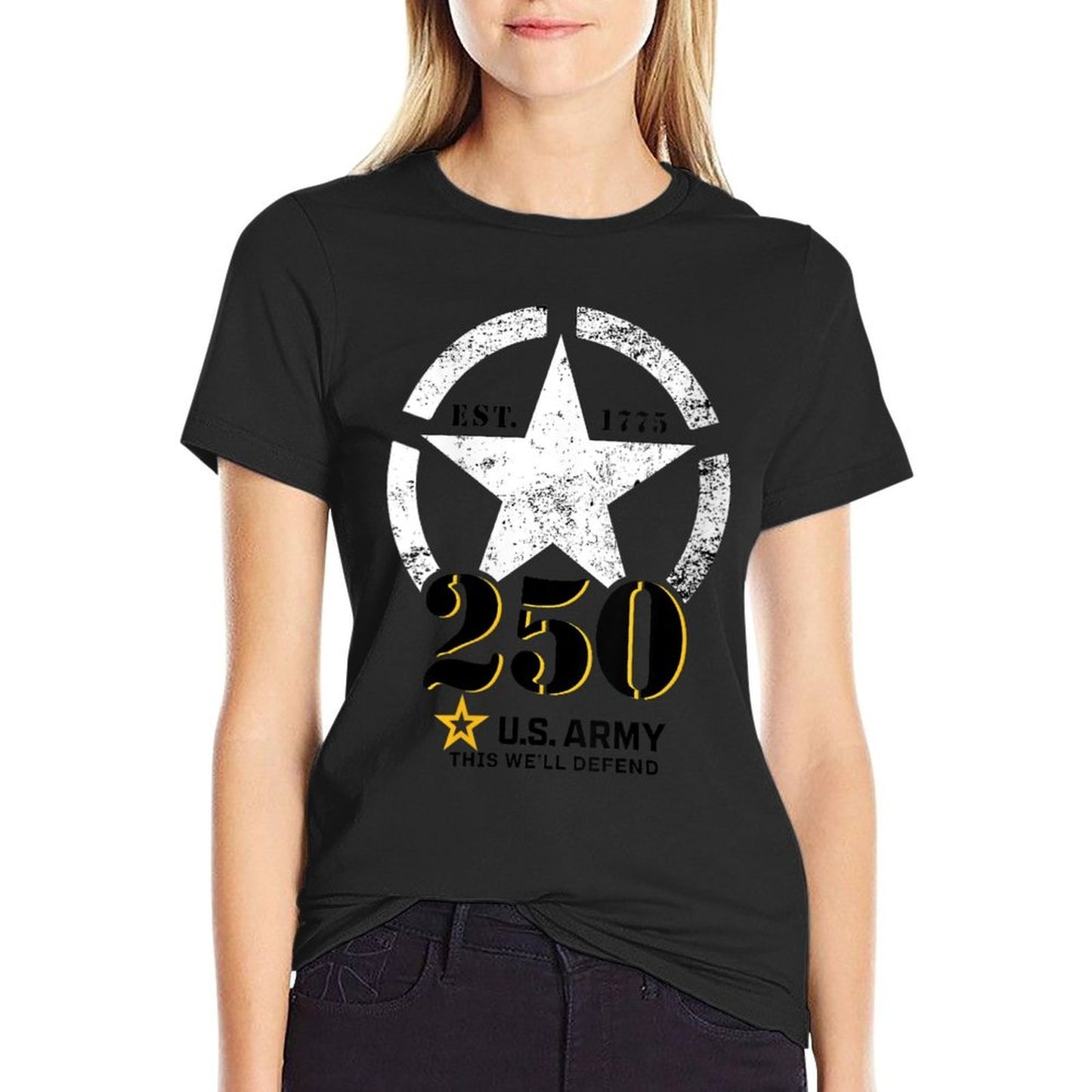 Womens Official U.S. Army 250th Year Birthday This We'll Defend Ribbed Collar T-Shirt