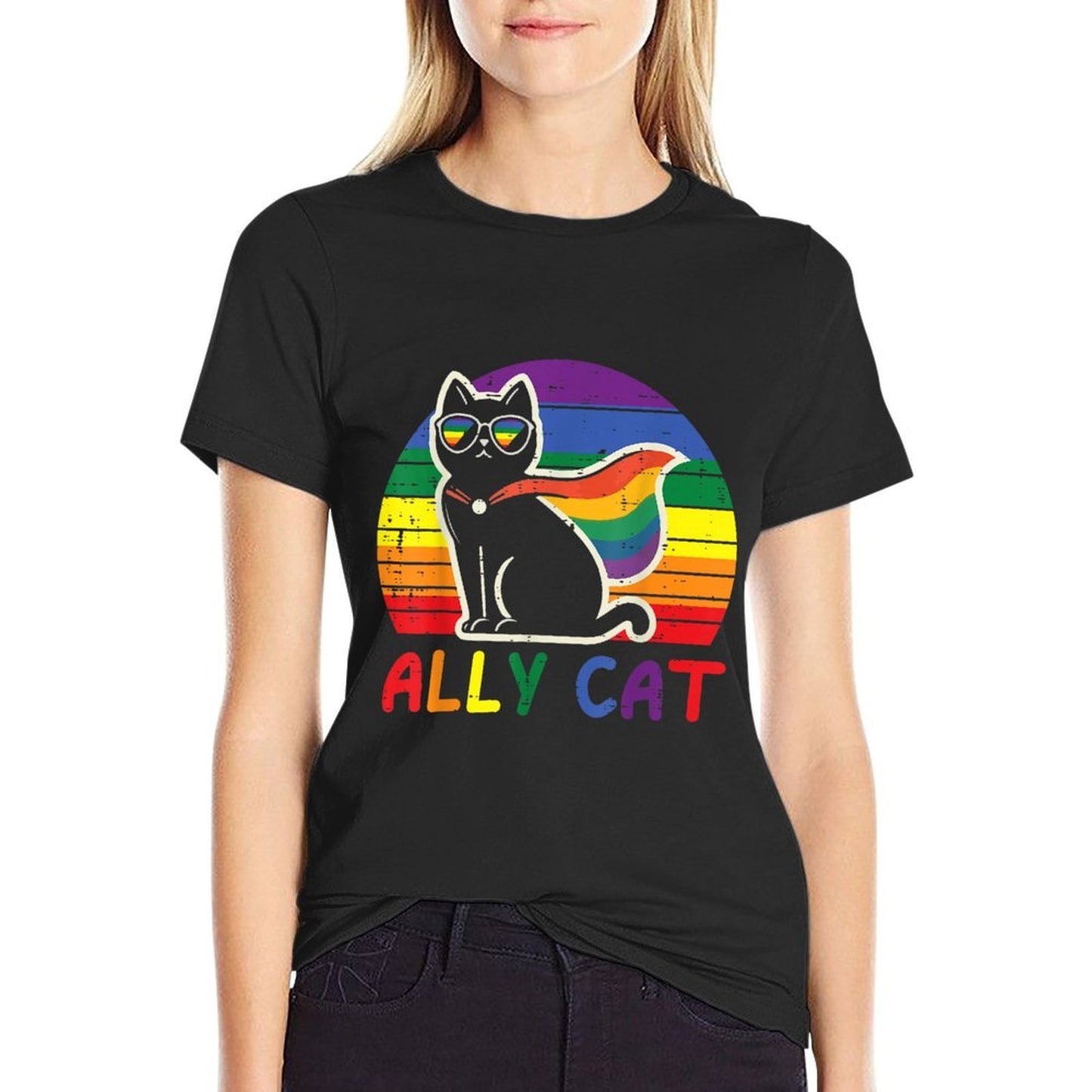 Gay Pride Month Ally Cat Funny LGBTQ Rainbow Men Women Kids Moisture-wicking T-Shirt