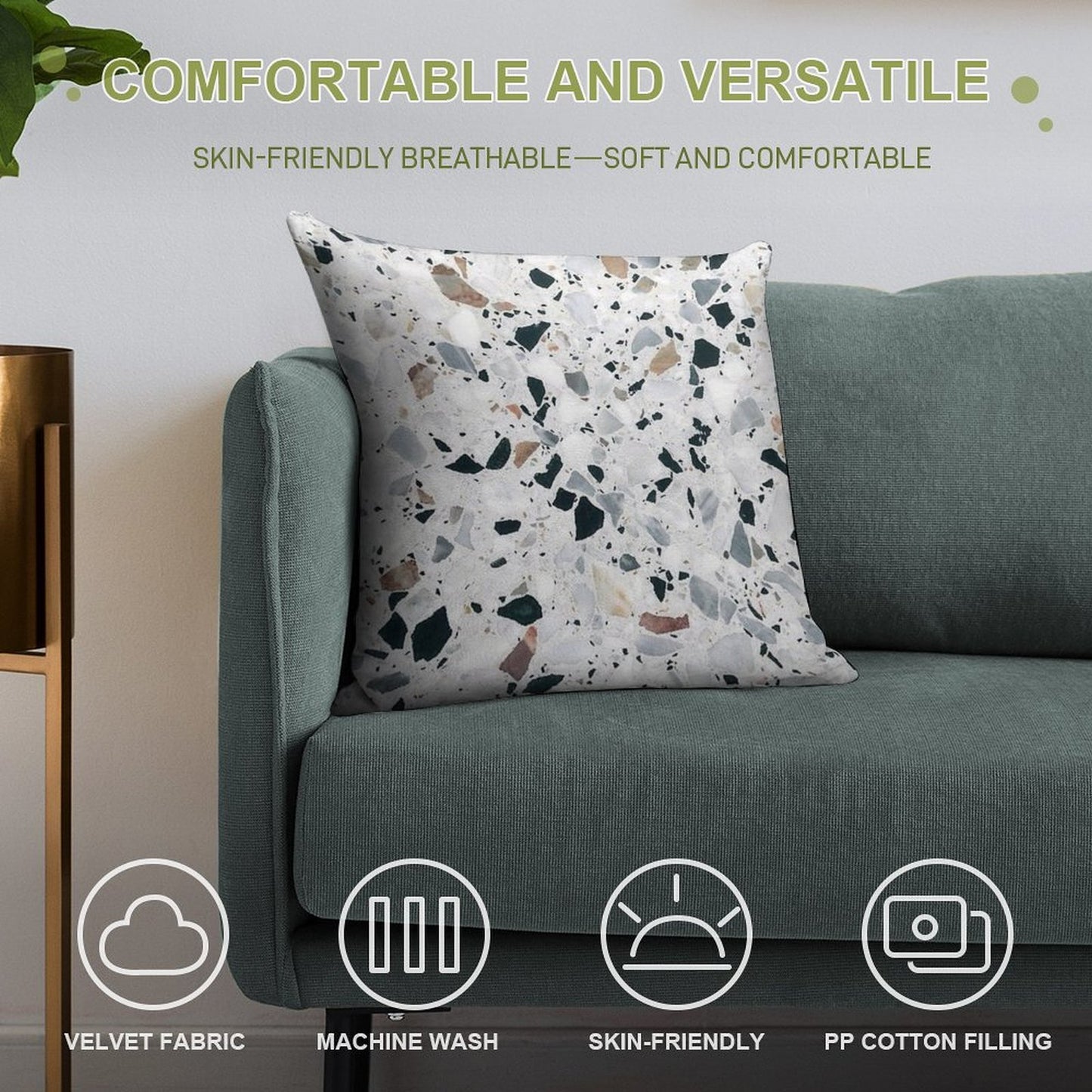 Terrazzo Black, White, Grey And Bronze Soft High-Density Material Throw Pillow