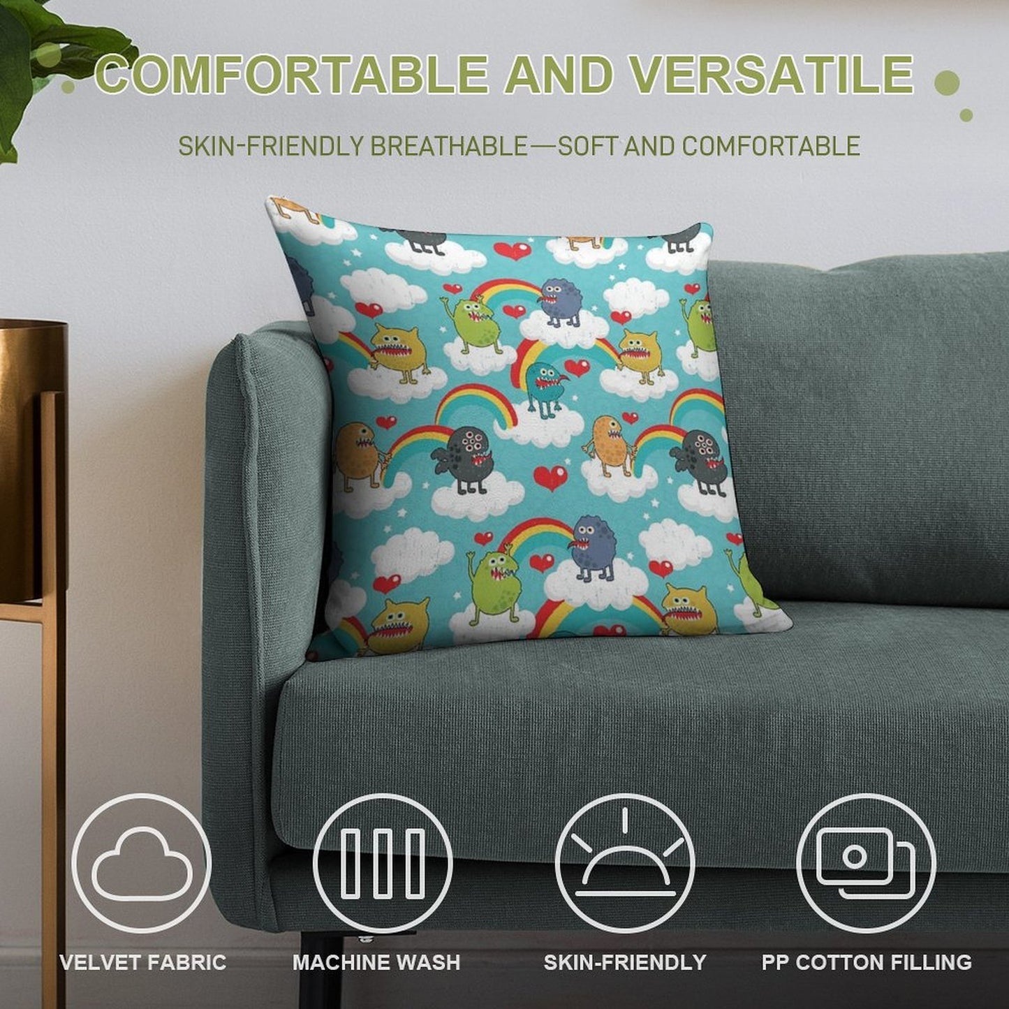 Monsters Rainbow Soft Home Decor Throw Pillow