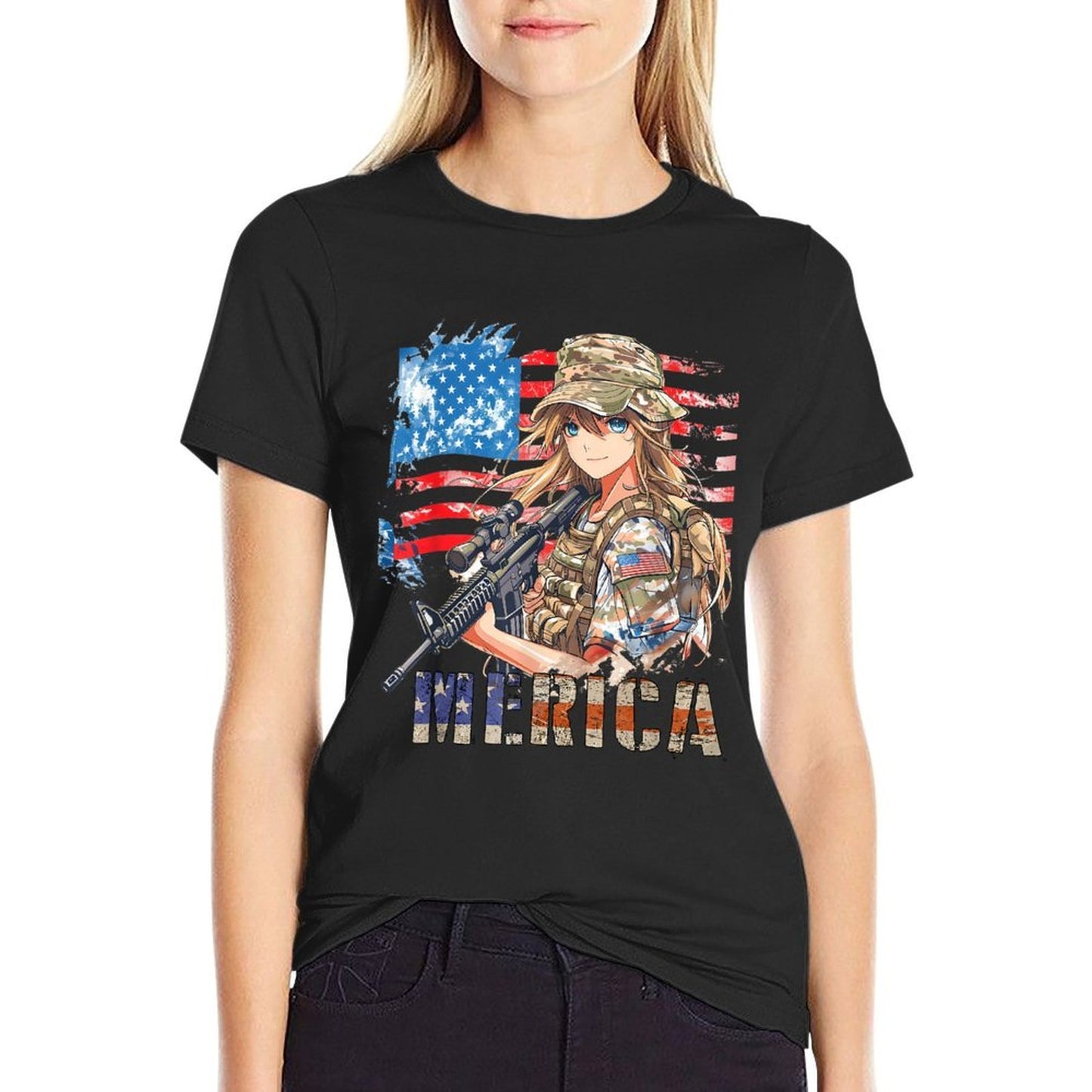 4th Of July Military Anime Girl Patriotic Kid Women US Moisture-wicking T-Shirt