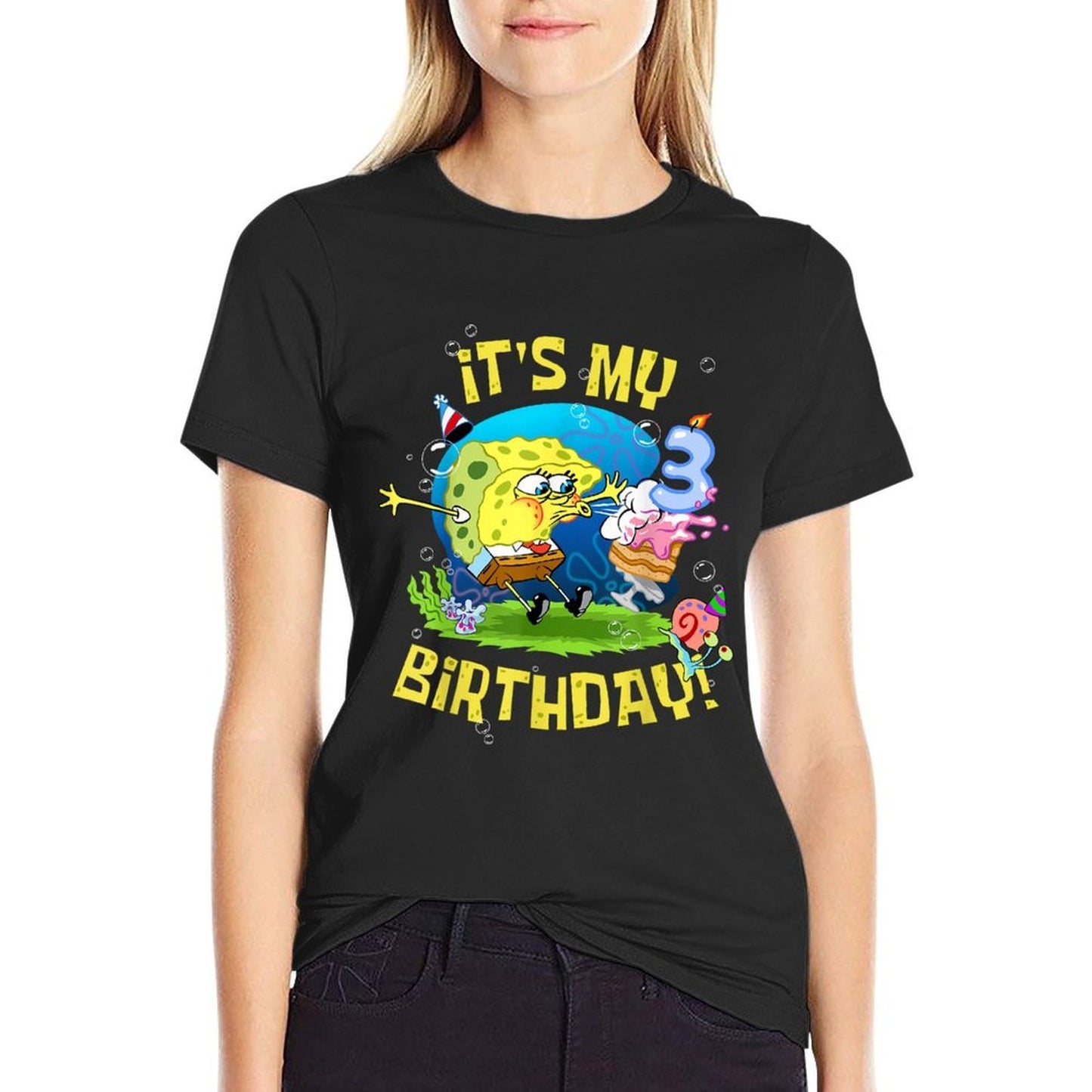 Mademark X SpongeBob SquarePants - Spongebob It's My 3rd Birthday Cake Three Years Spongebob Durable T-Shirt