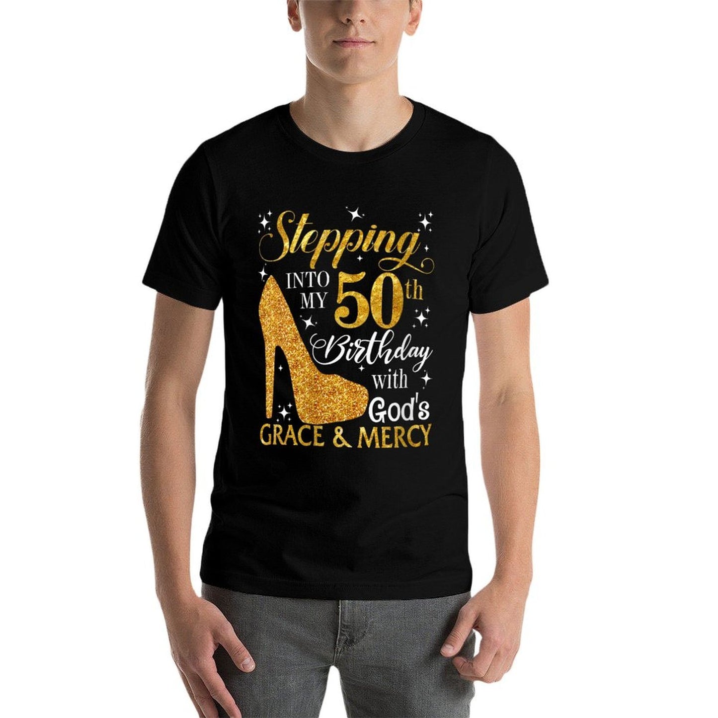 Womens Stepping Into My 50th Birthday with God's Grace & Mercy Summer-ready Fabric T-Shirt