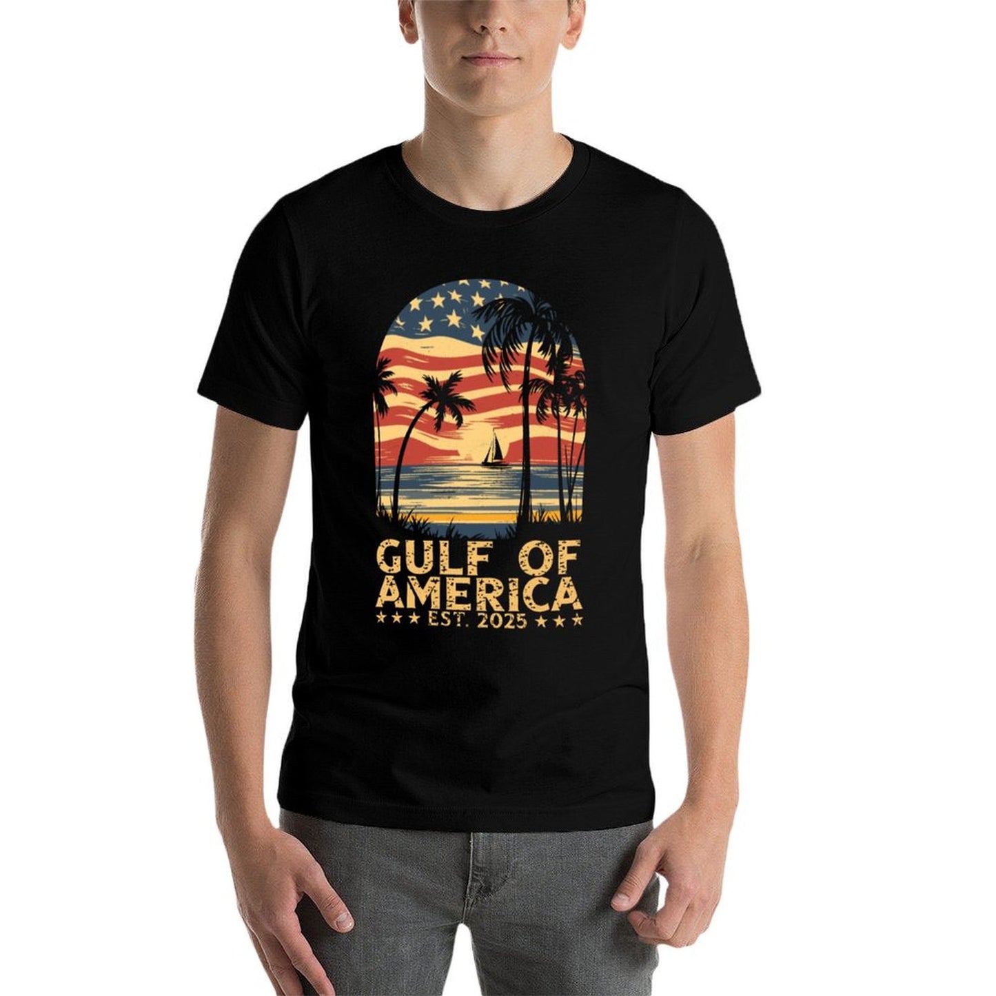 Retro Gulf Of USA America Est 2025 American Flag Gulf Mexico Ribbed Collar T-Shirt