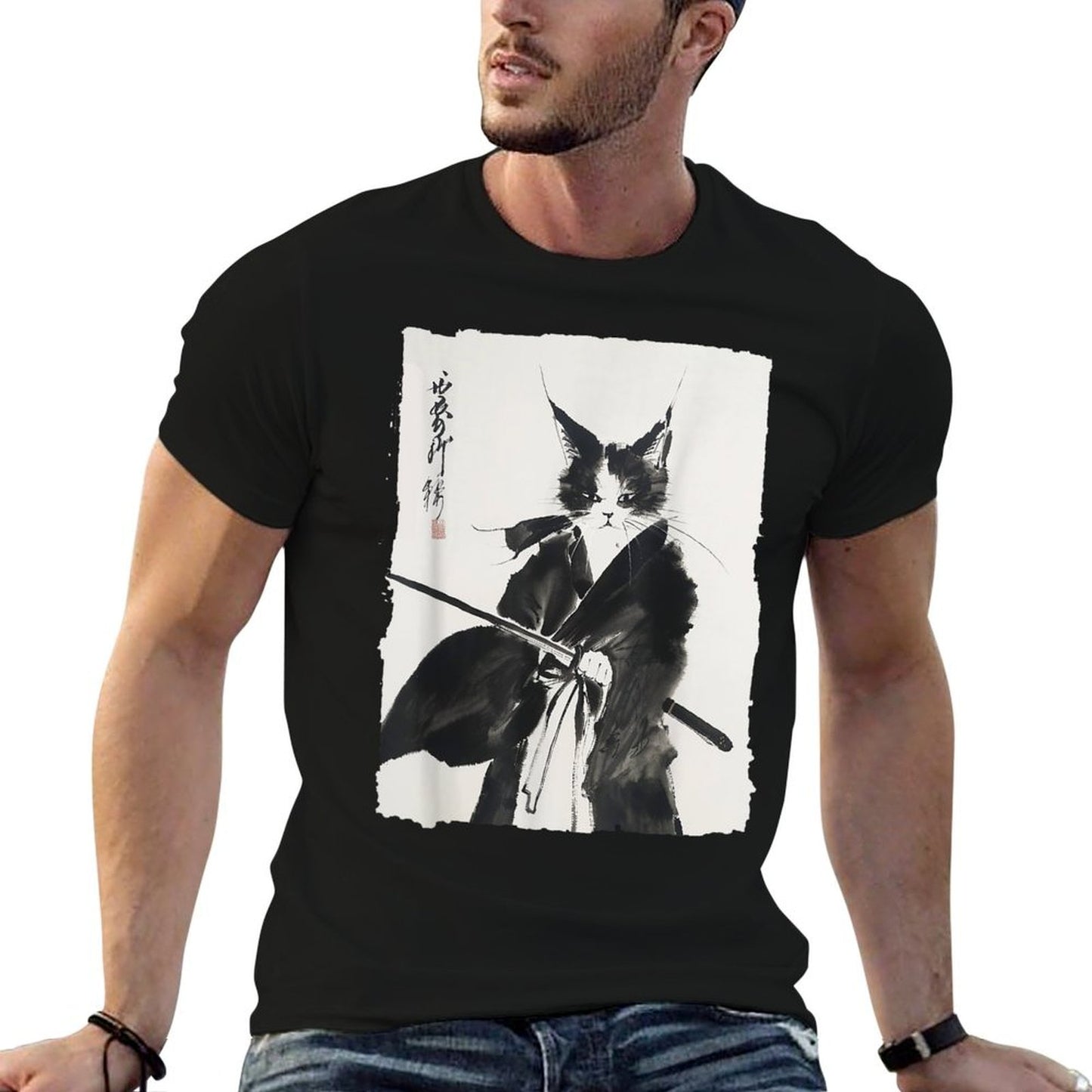 Samurai Cat Vintage Ukiyo-e Warrior Art Graphic Cat Art Soft T-Shirt